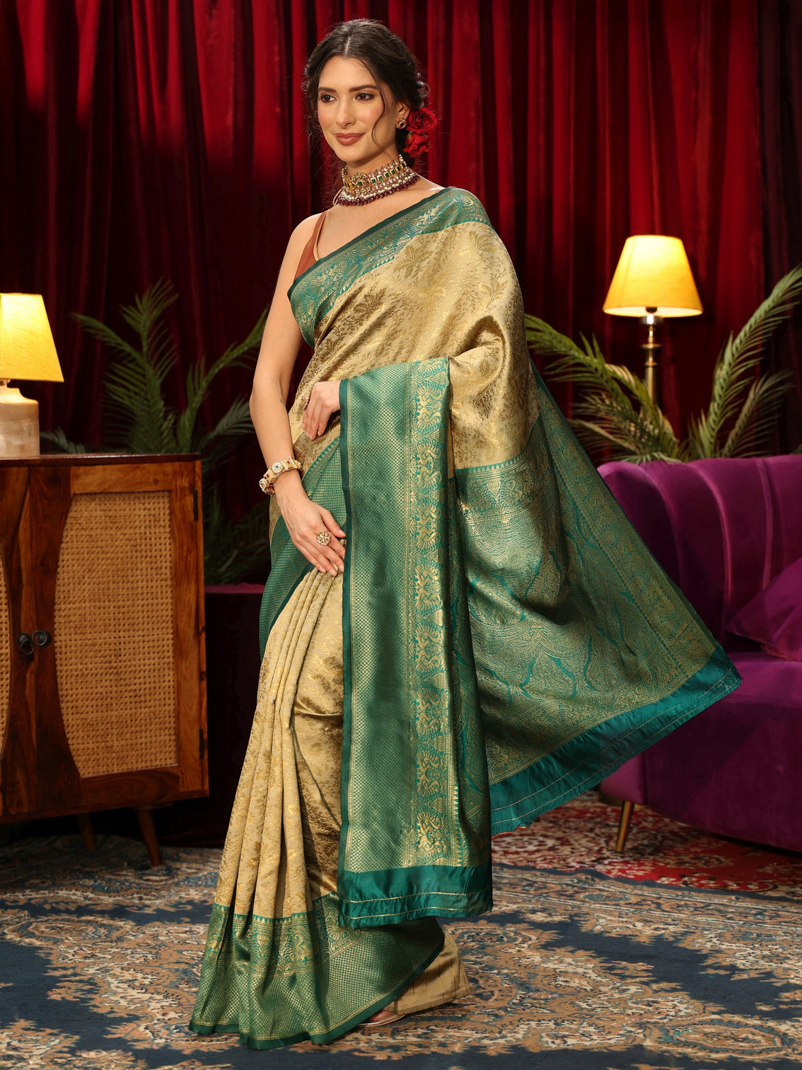 Mameraa Beige Floral Woven Design Silk Blend Saree