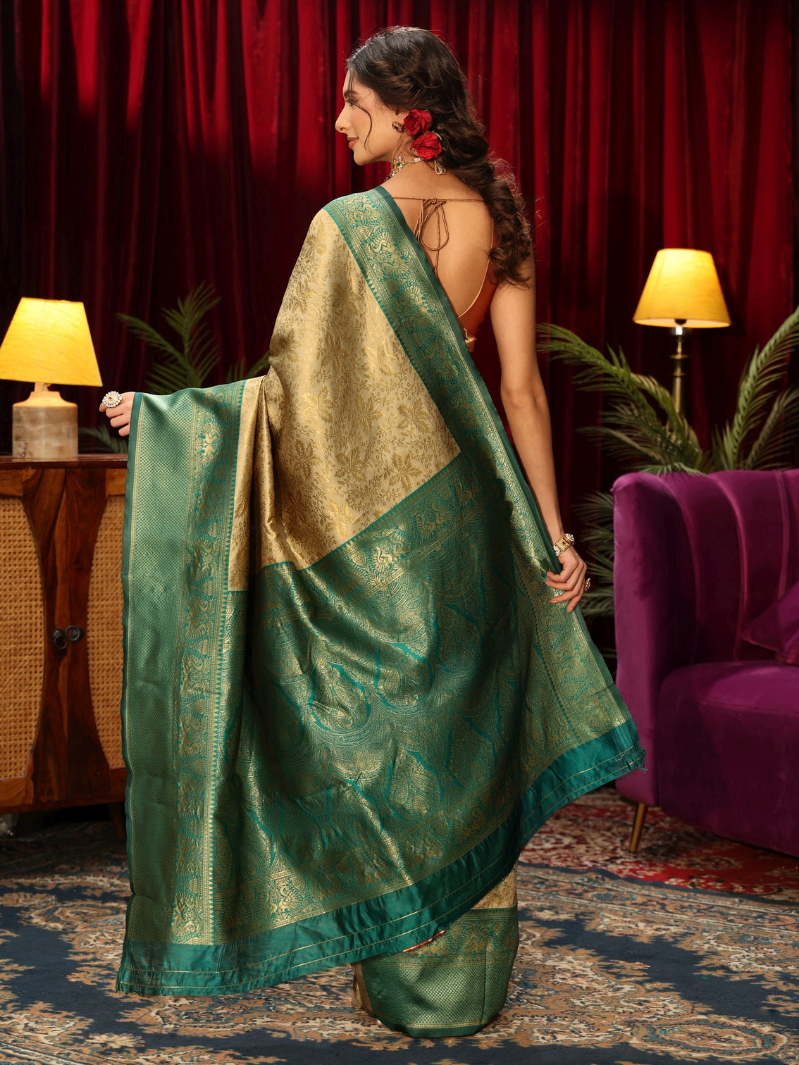 Mameraa Beige Floral Woven Design Silk Blend Saree