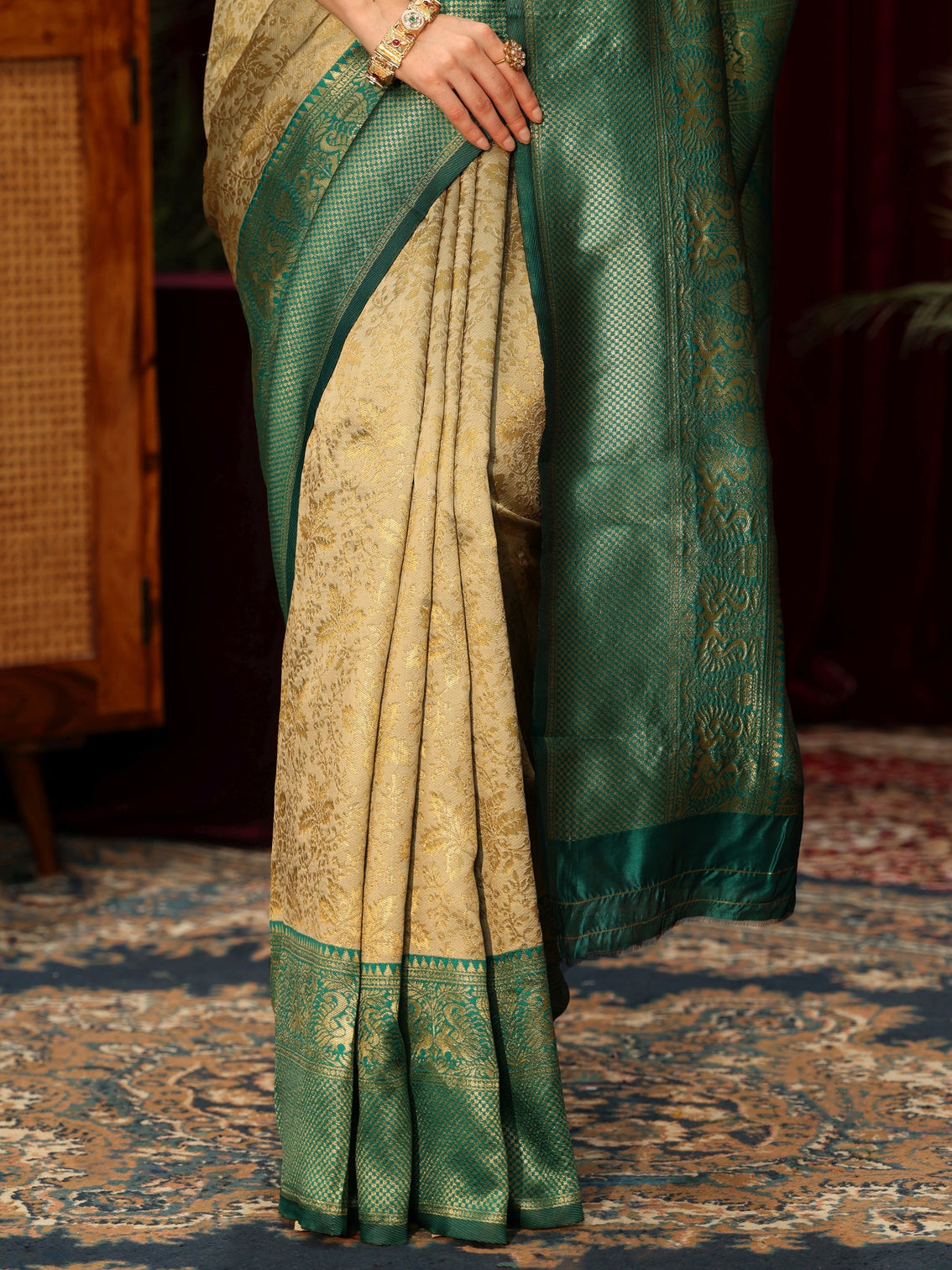 Mameraa Beige Floral Woven Design Silk Blend Saree