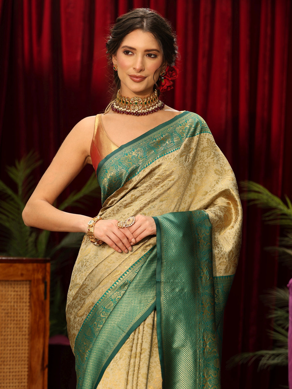 Mameraa Beige Floral Woven Design Silk Blend Saree