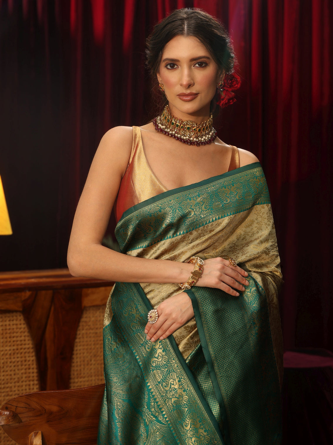 Mameraa Beige Floral Woven Design Silk Blend Saree