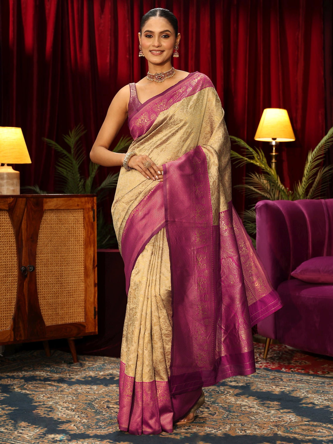 Mameraa Beige Floral Woven Design Silk Blend Saree