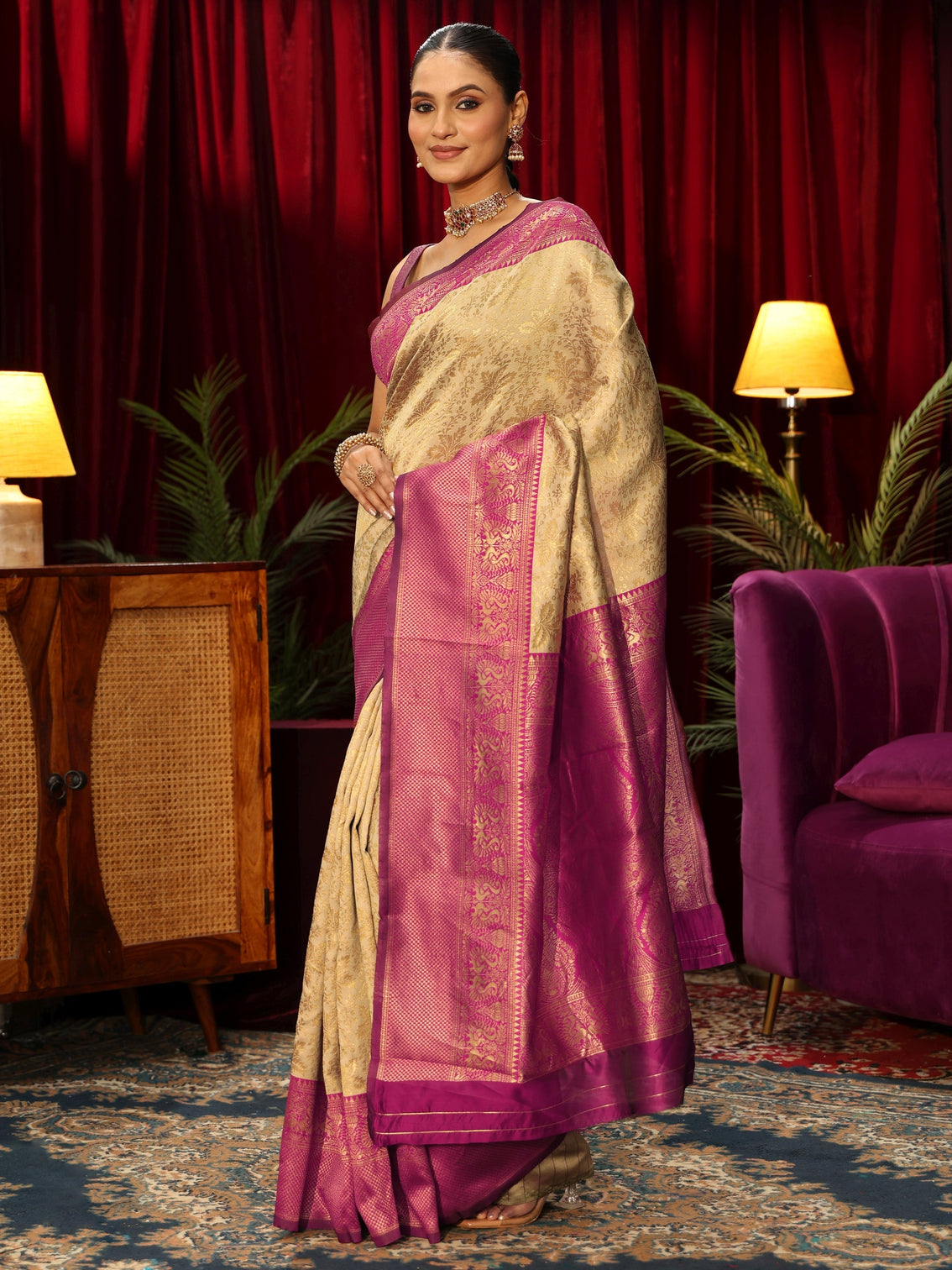 Mameraa Beige Floral Woven Design Silk Blend Saree