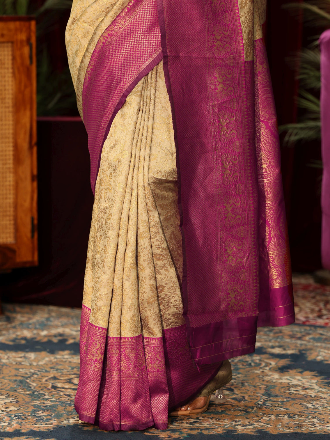 Mameraa Beige Floral Woven Design Silk Blend Saree