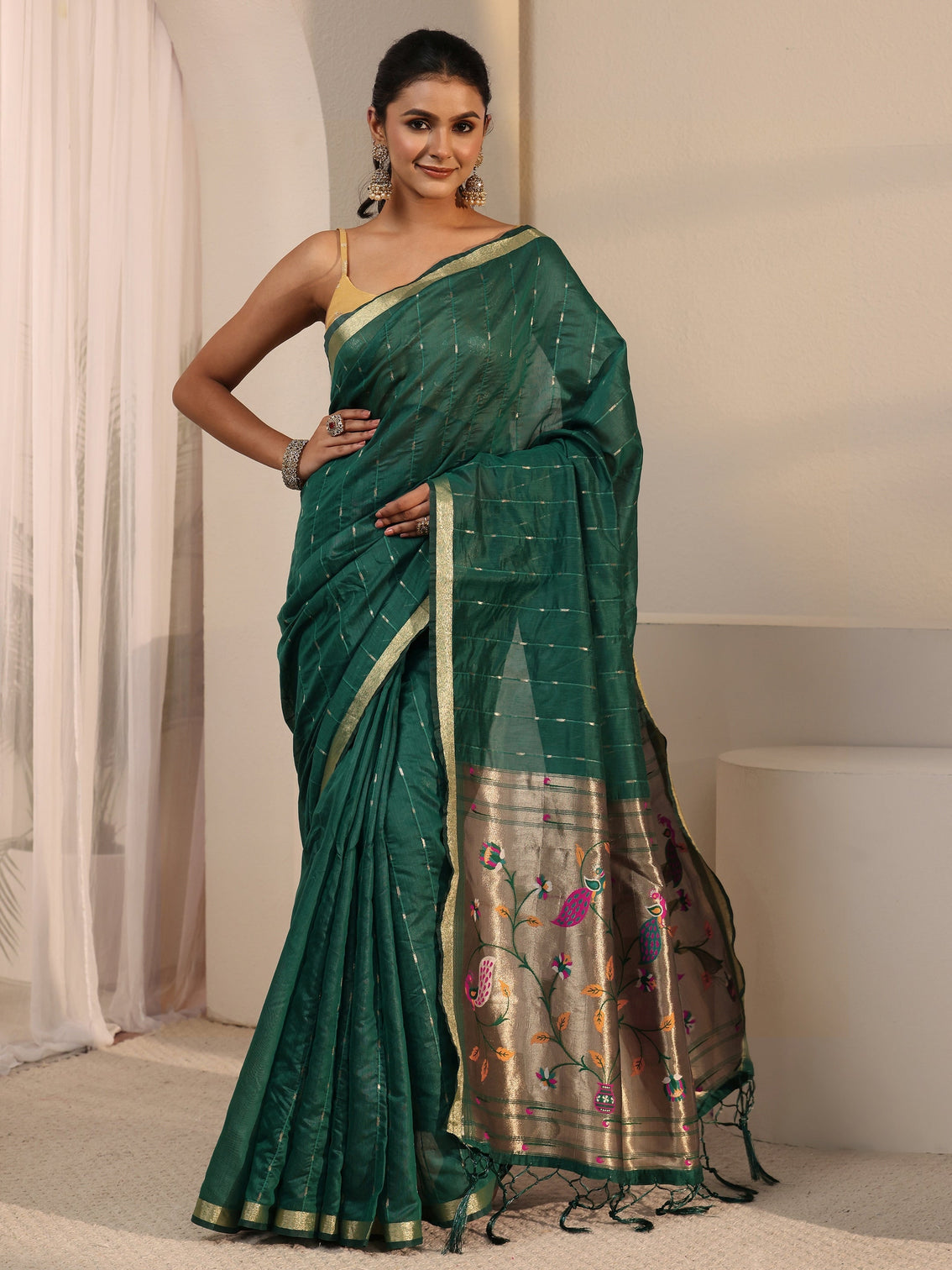 Mameraa Dark Green Silk Blend Paithani Tassel Saree