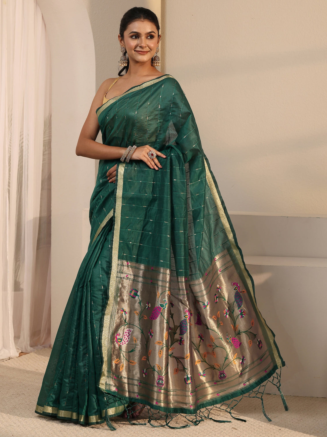 Mameraa Dark Green Silk Blend Paithani Tassel Saree