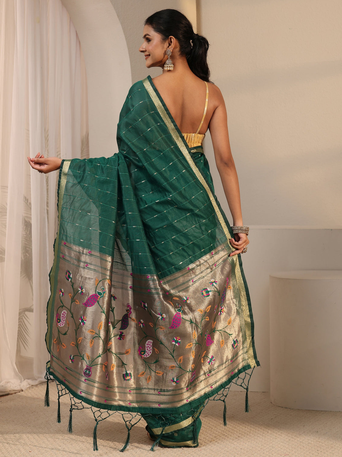 Mameraa Dark Green Silk Blend Paithani Tassel Saree