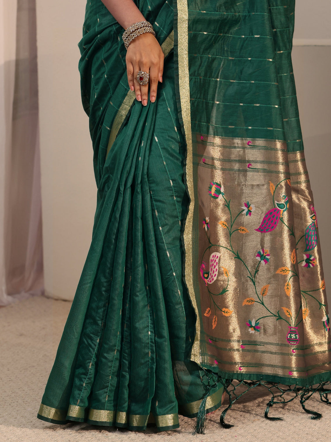 Mameraa Dark Green Silk Blend Paithani Tassel Saree