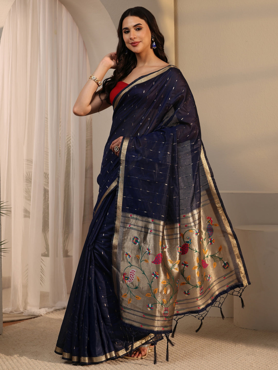 Mameraa Navy Blue Silk Blend Paithani Tassel Saree