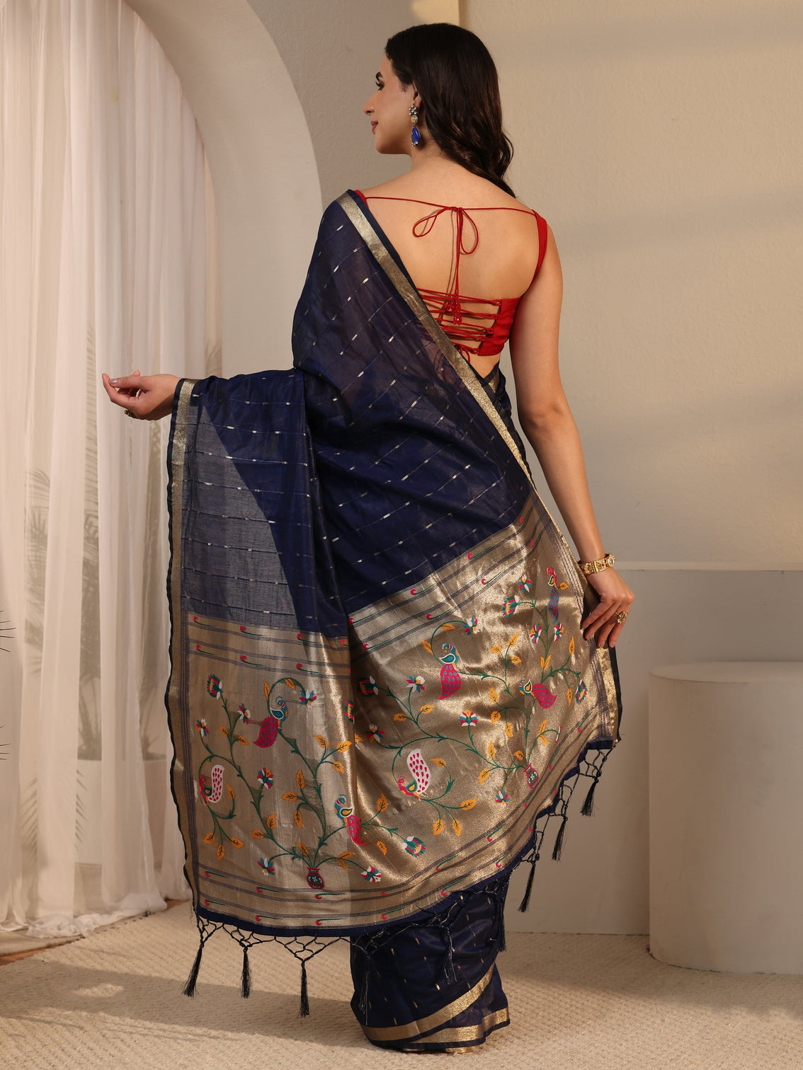 Mameraa Navy Blue Silk Blend Paithani Tassel Saree