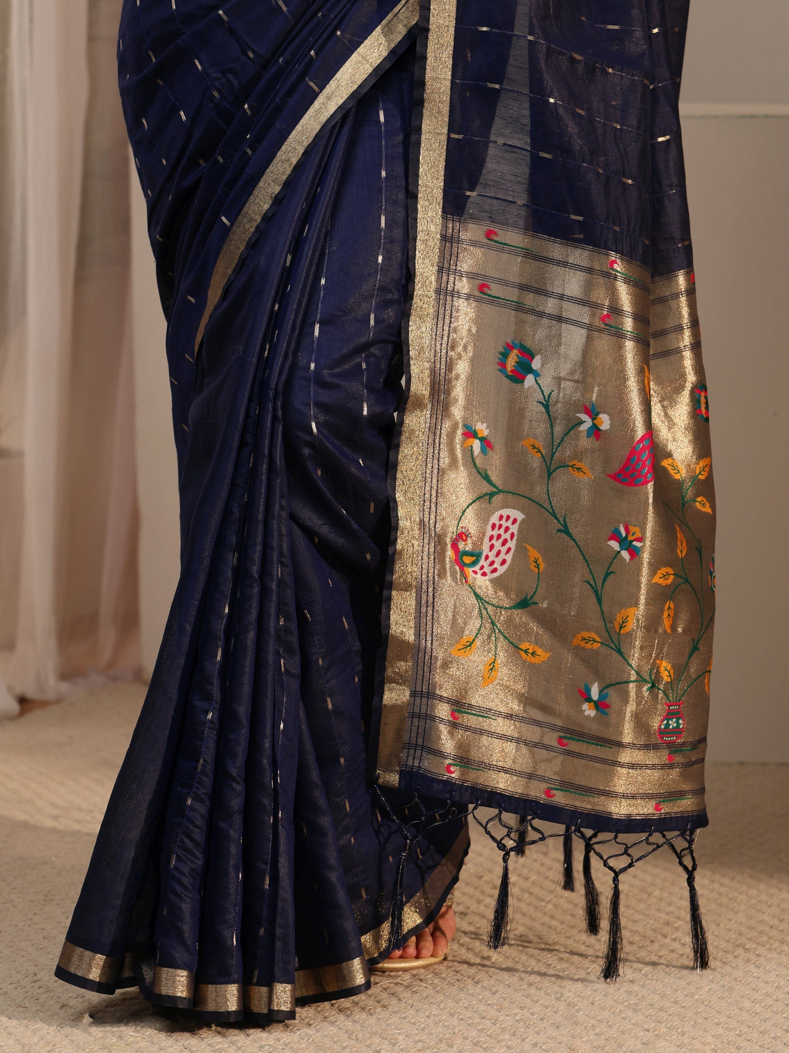 Mameraa Navy Blue Silk Blend Paithani Tassel Saree