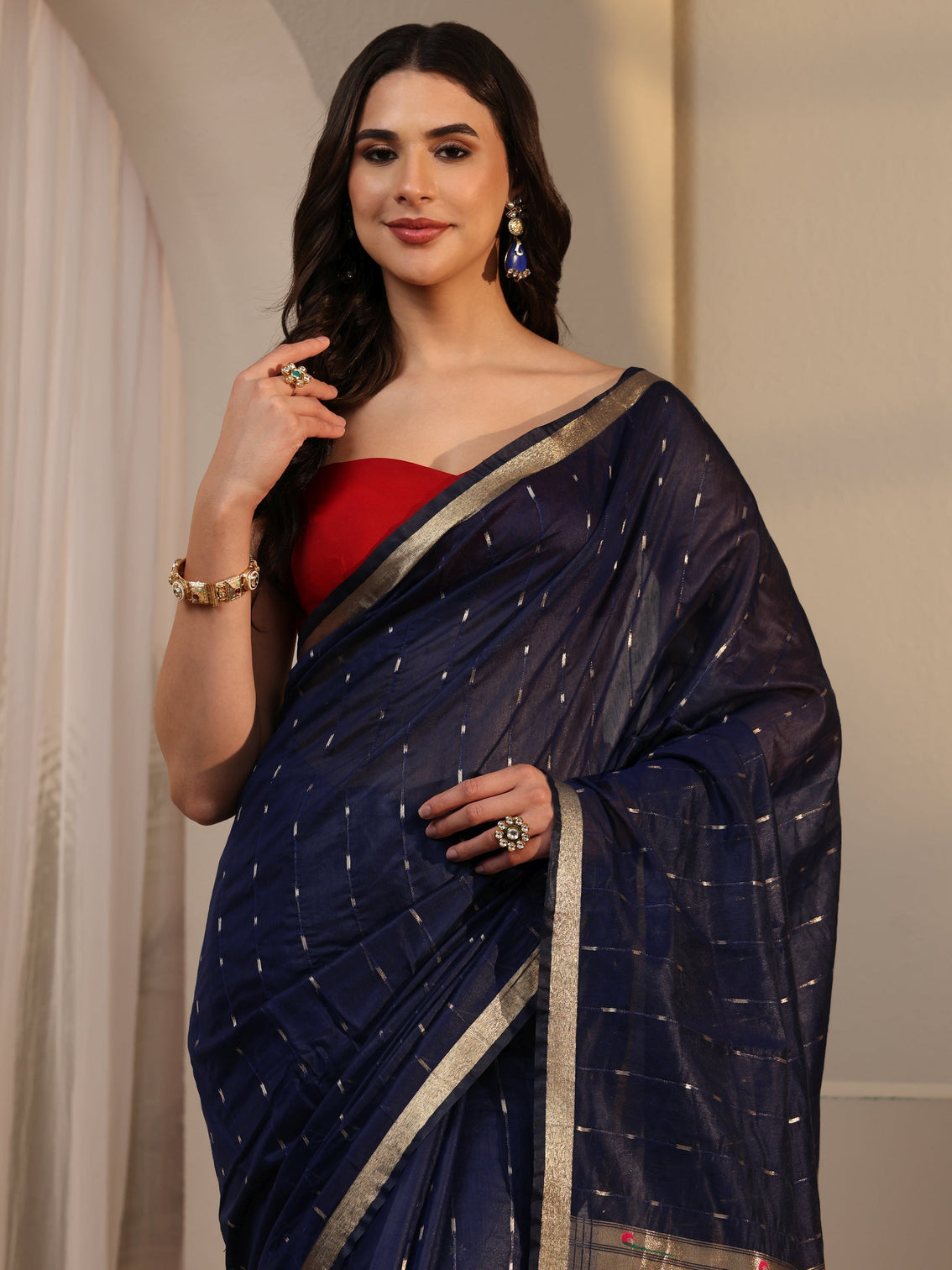 Mameraa Navy Blue Silk Blend Paithani Tassel Saree