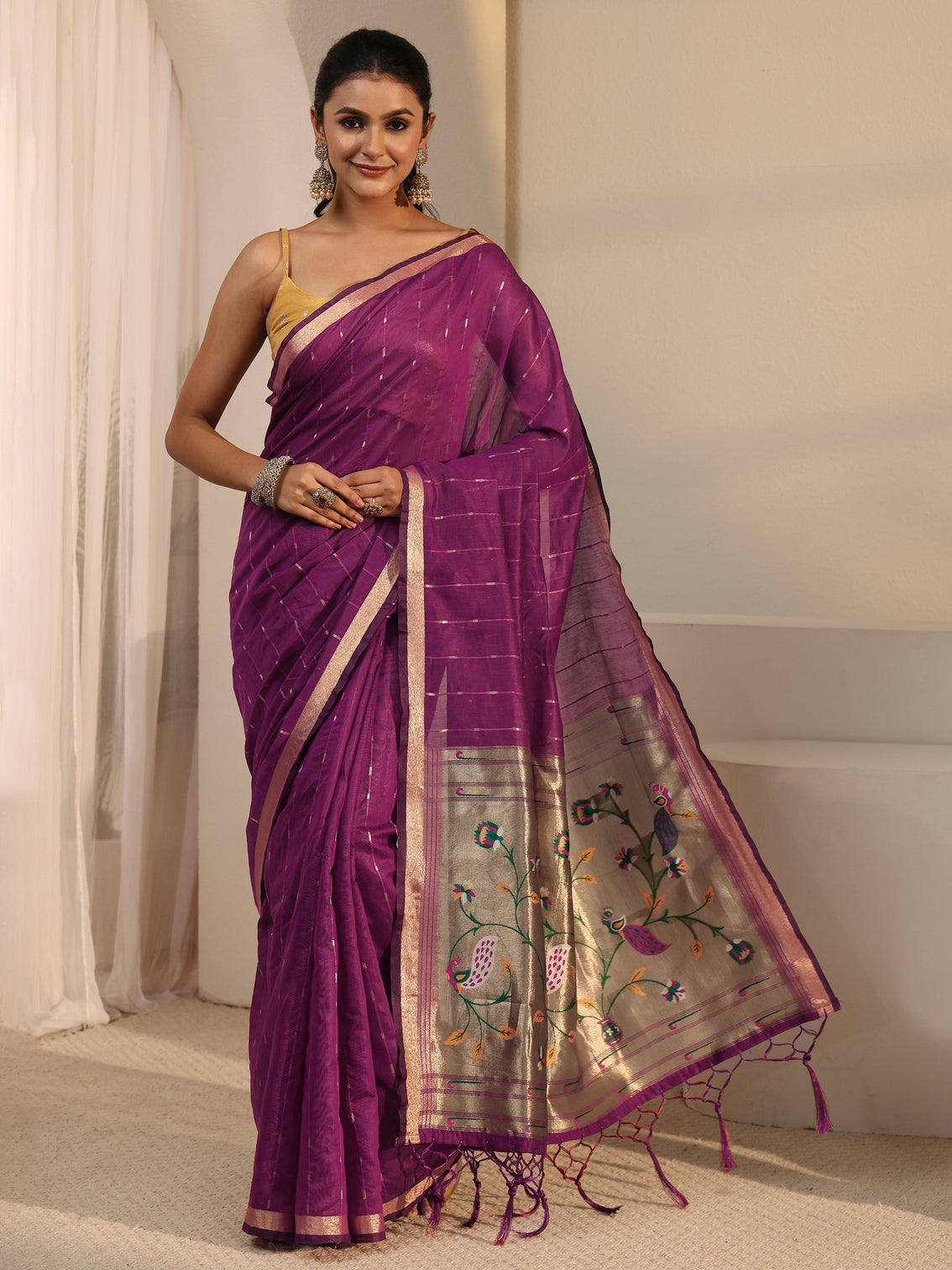 Mameraa Wine Woven Design Silk Blend Saree