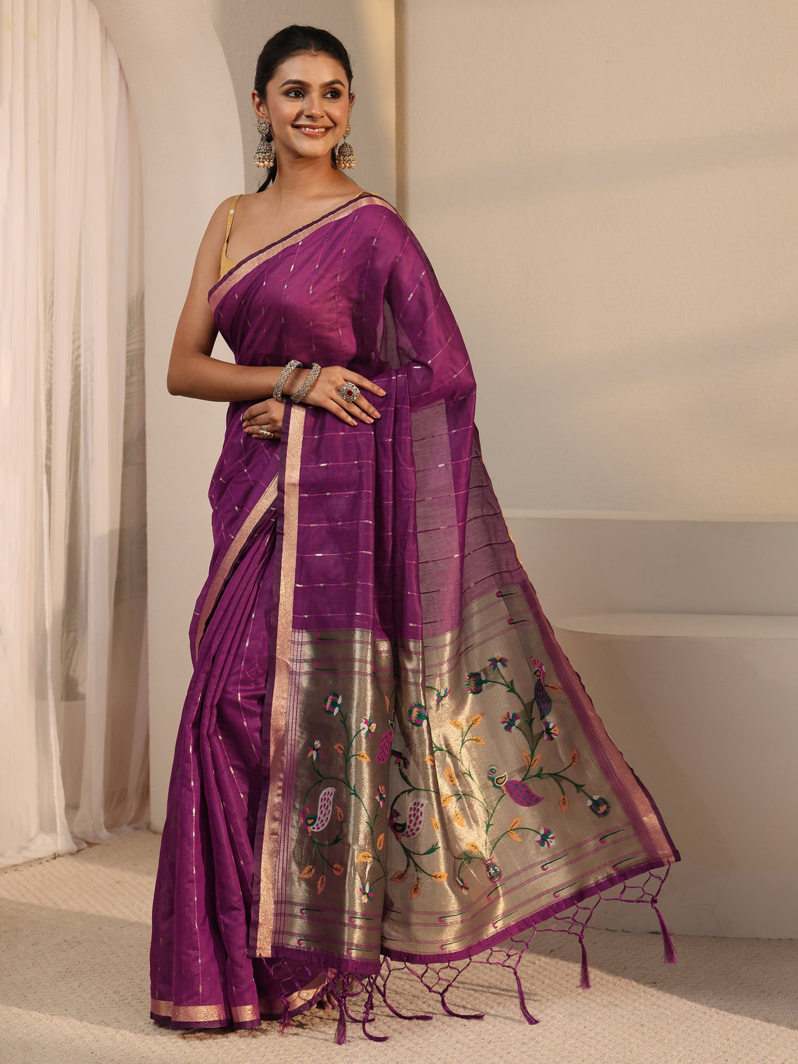 Mameraa Wine Woven Design Silk Blend Saree