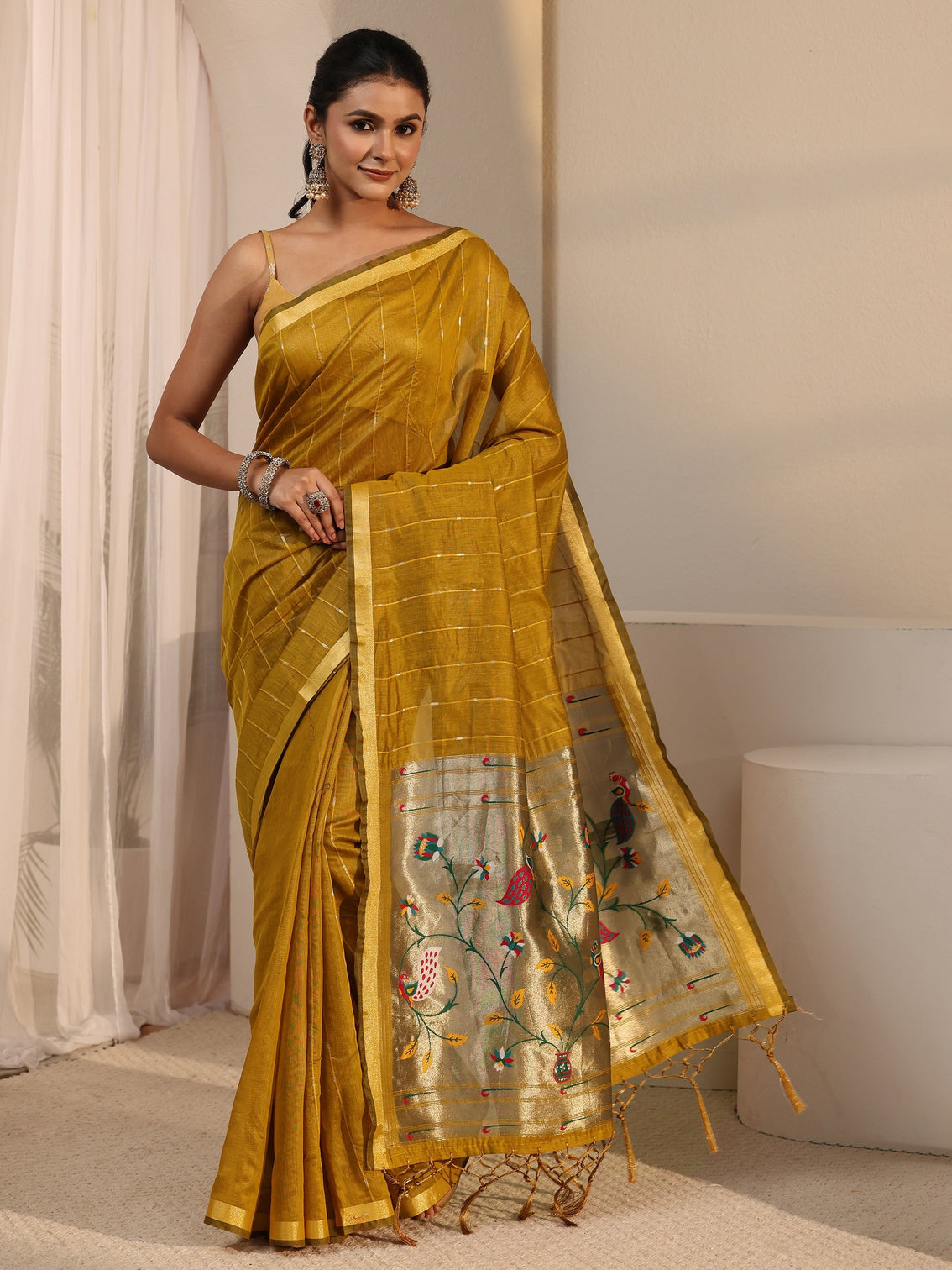 Mameraa Mustard Silk Blend Paithani Tassel Saree