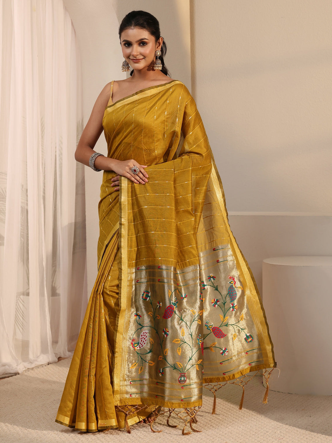 Mameraa Mustard Silk Blend Paithani Tassel Saree
