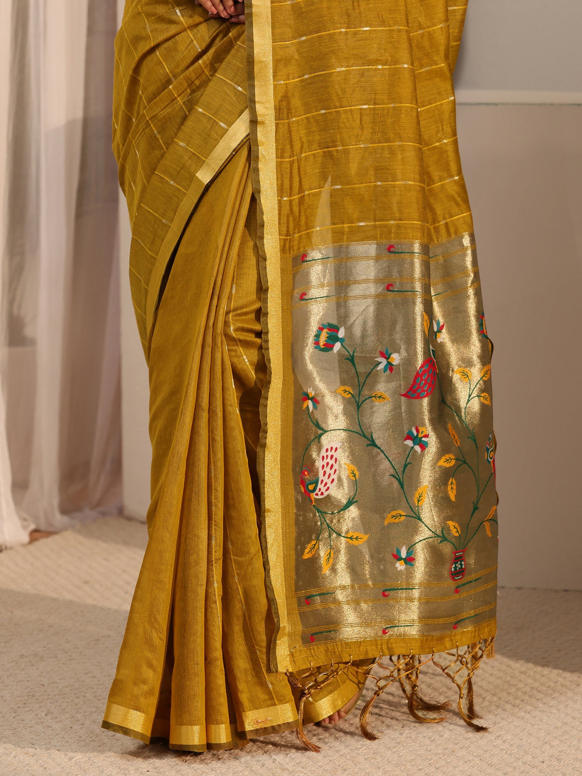 Mameraa Mustard Silk Blend Paithani Tassel Saree