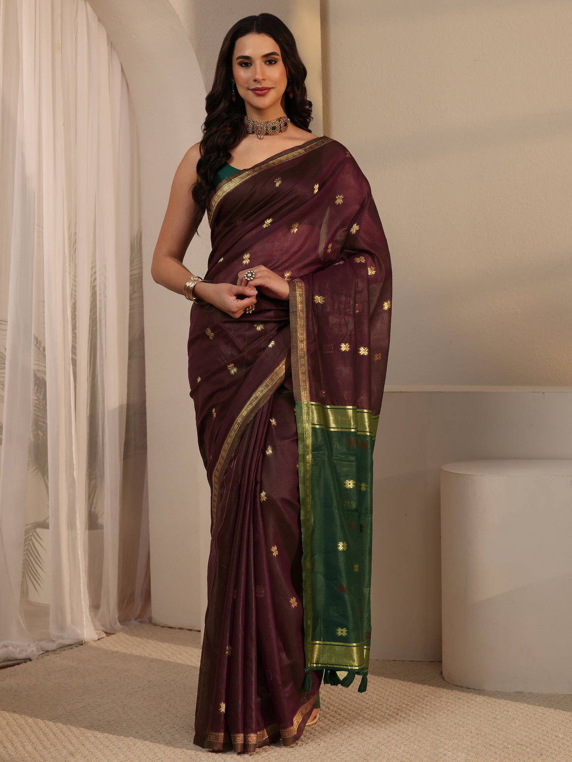 Mameraa Maroon Woven Design Cotton Blend Tassel Saree