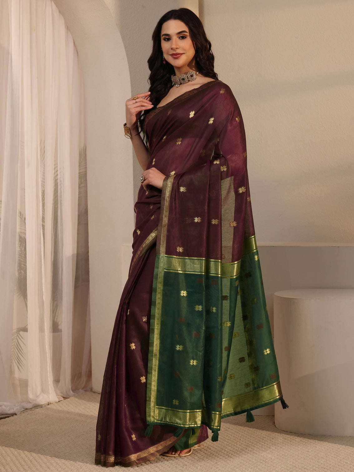 Mameraa Maroon Woven Design Cotton Blend Tassel Saree