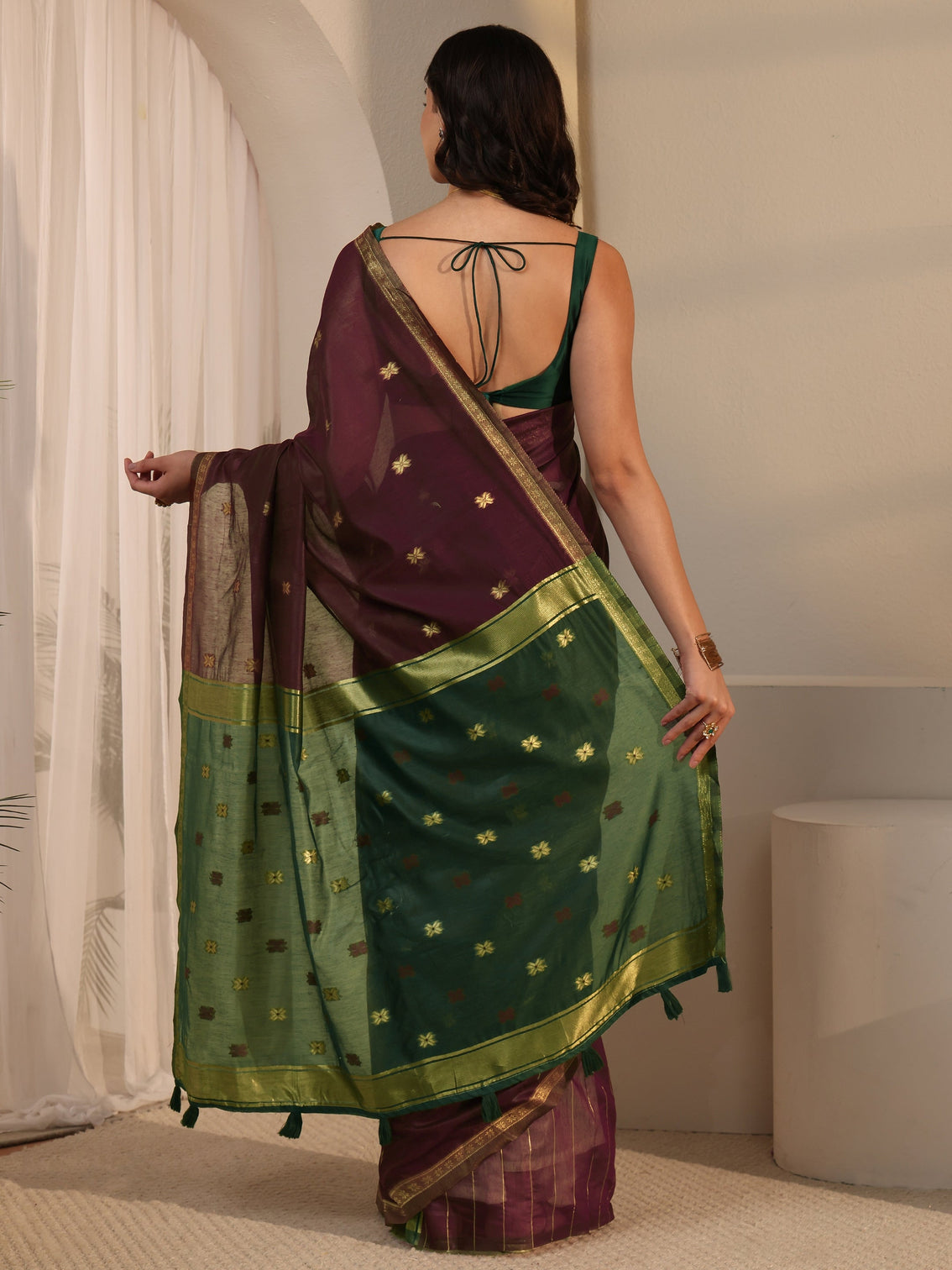 Mameraa Maroon Woven Design Cotton Blend Tassel Saree