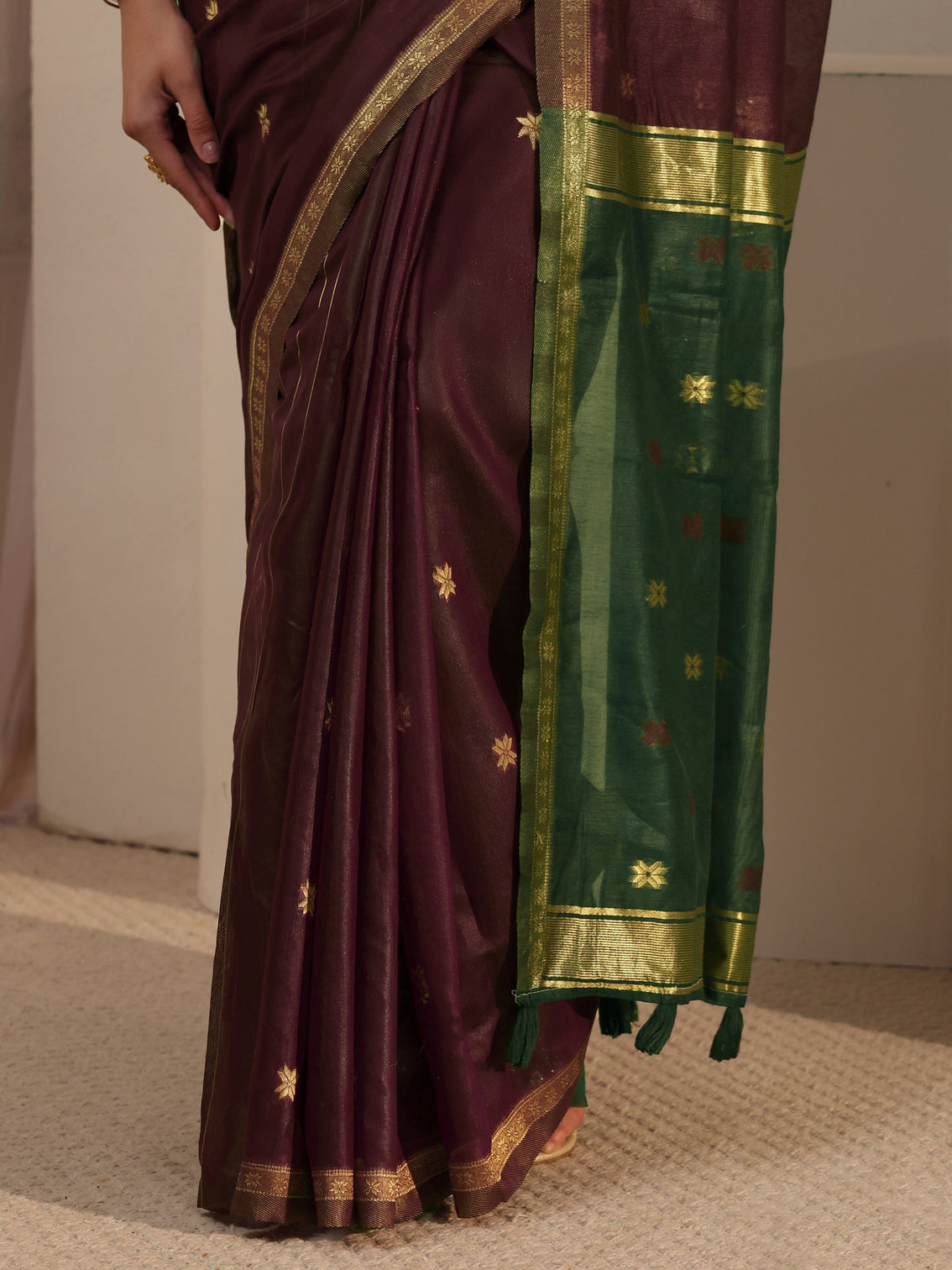 Mameraa Maroon Woven Design Cotton Blend Tassel Saree