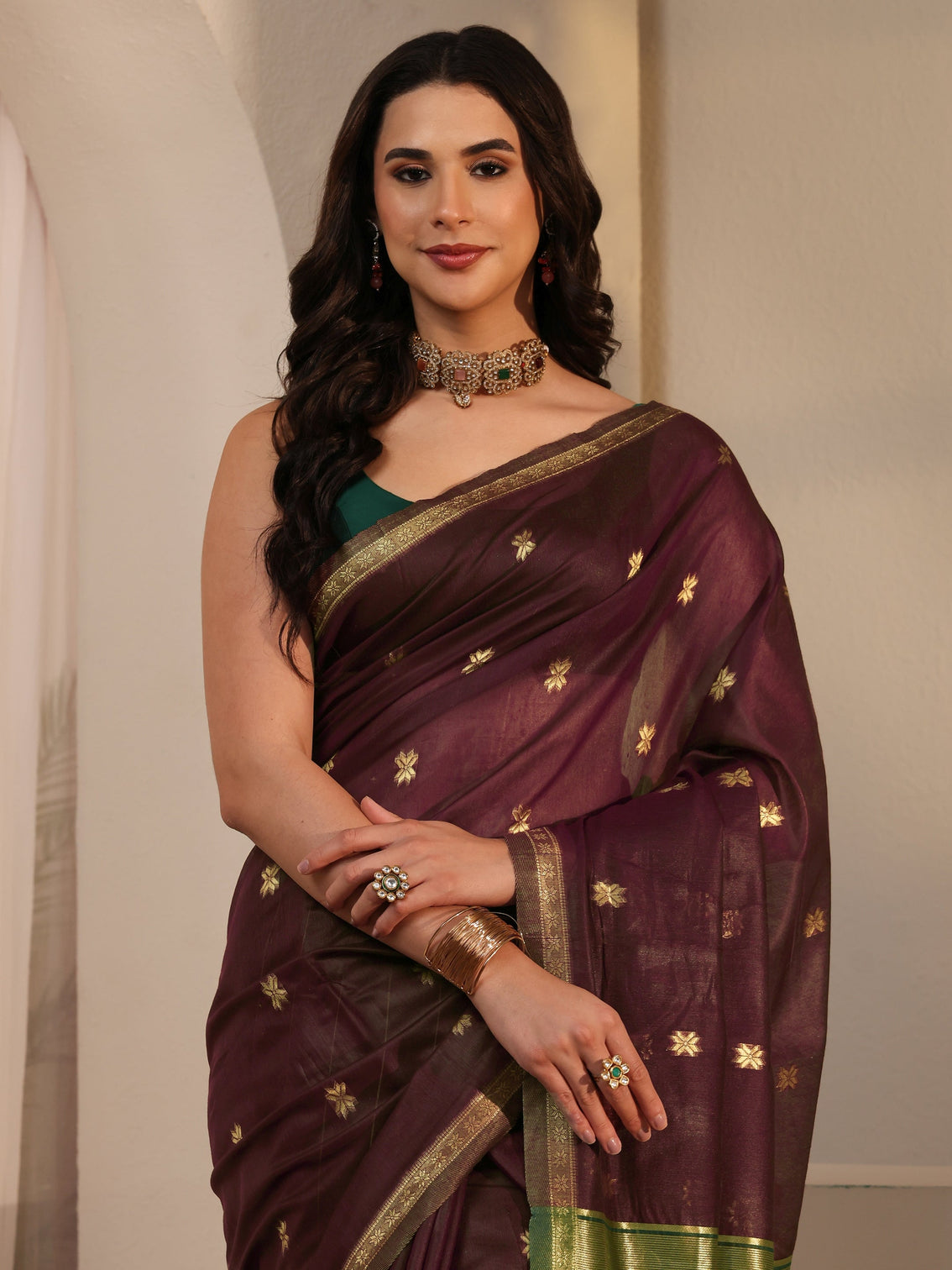 Mameraa Maroon Woven Design Cotton Blend Tassel Saree