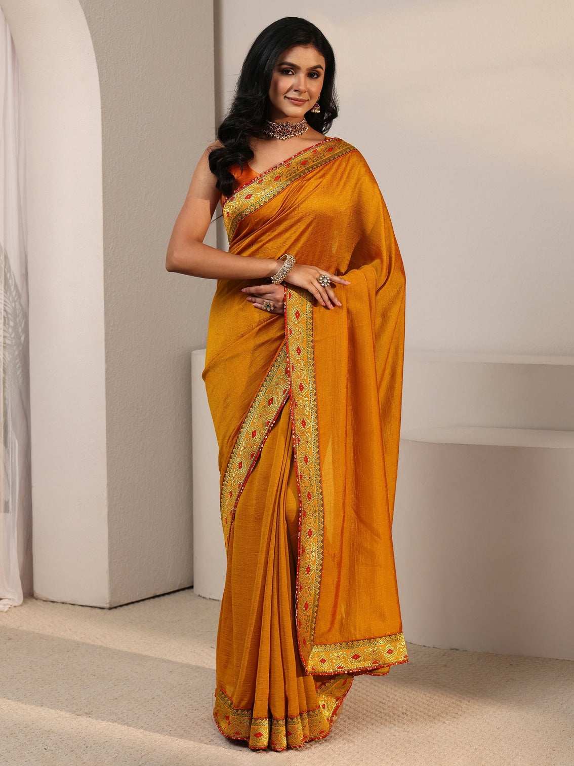 Mameraa Mustard Silk Blend Saree with Woven Border