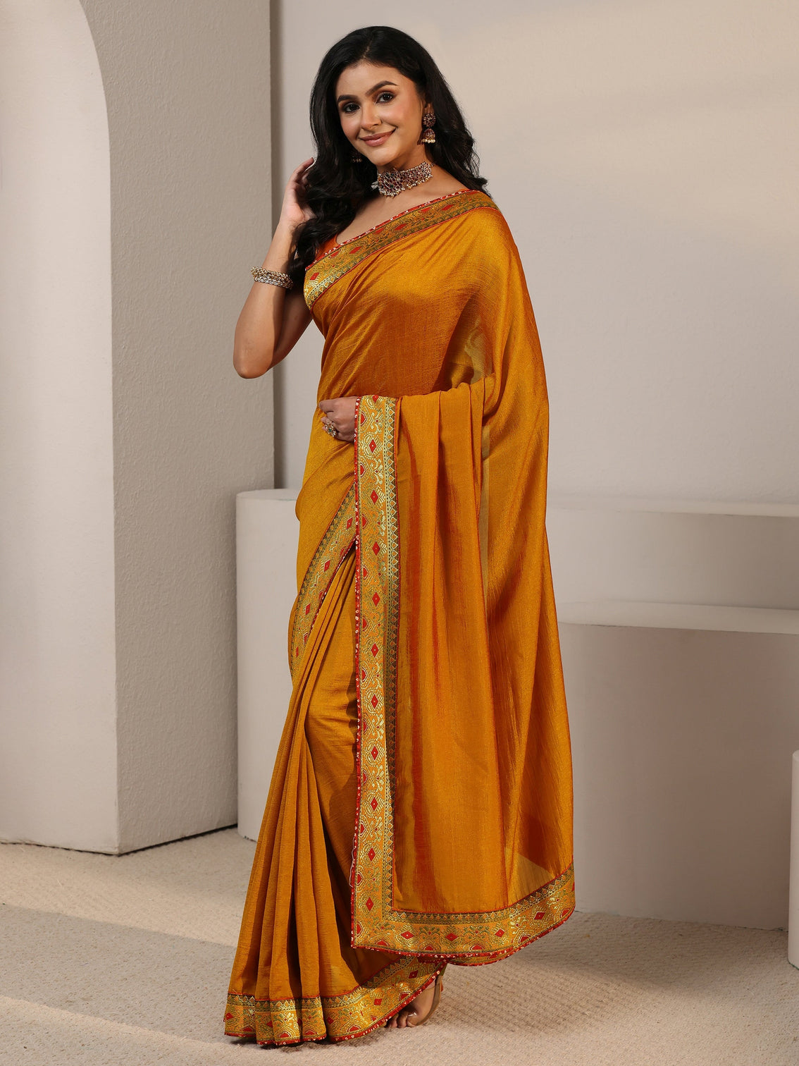 Mameraa Mustard Silk Blend Saree with Woven Border