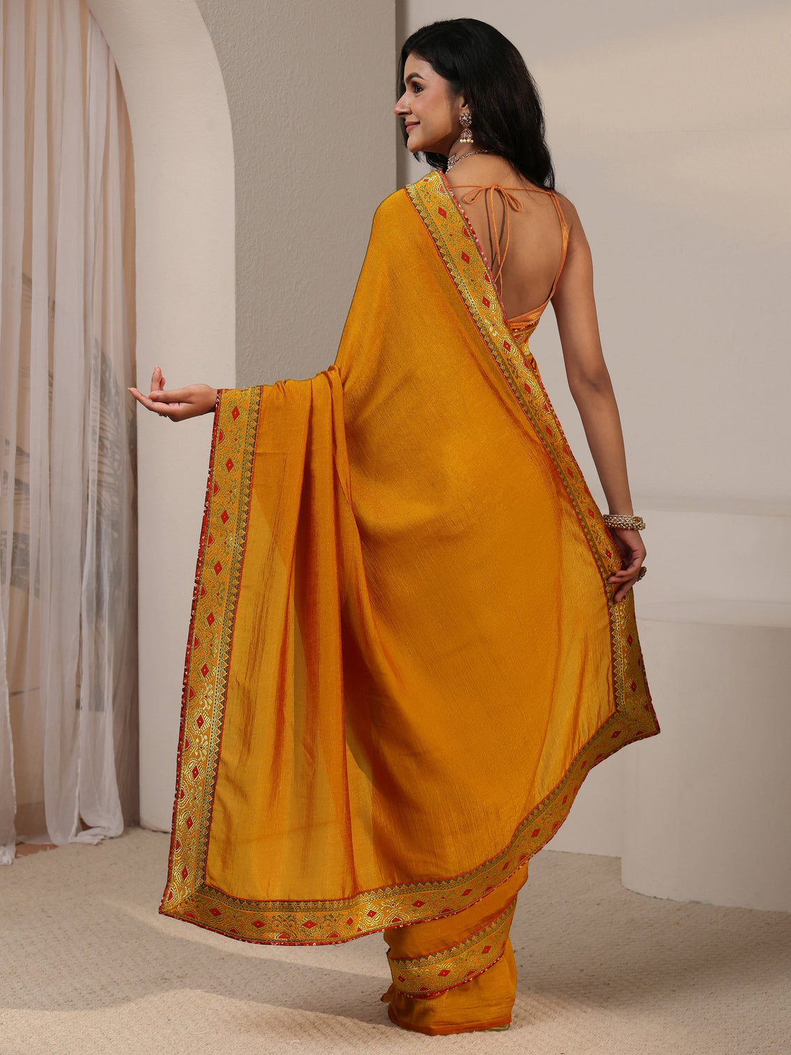 Mameraa Mustard Silk Blend Saree with Woven Border