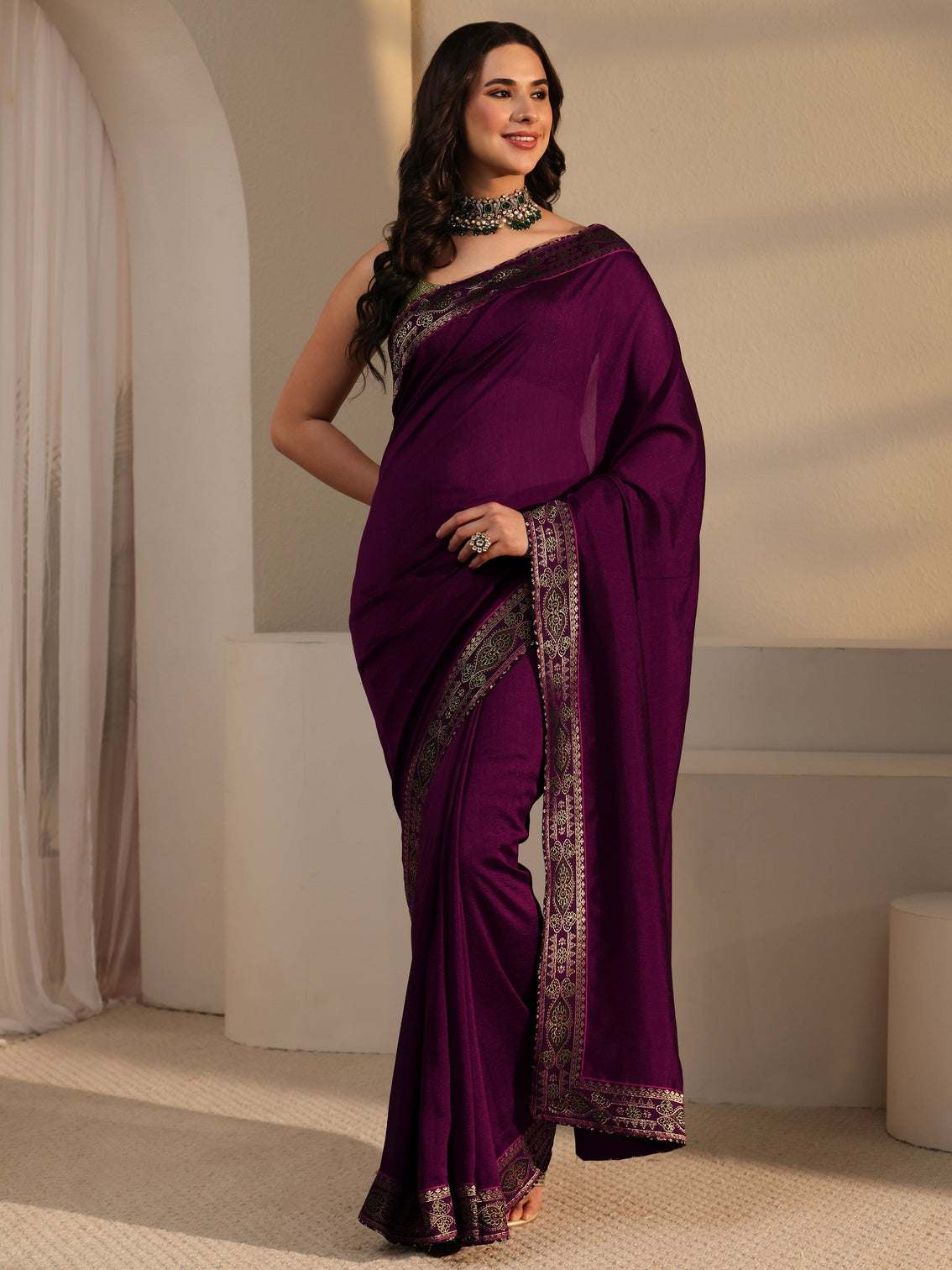 Mameraa Wine Silk Blend Saree with Woven Border