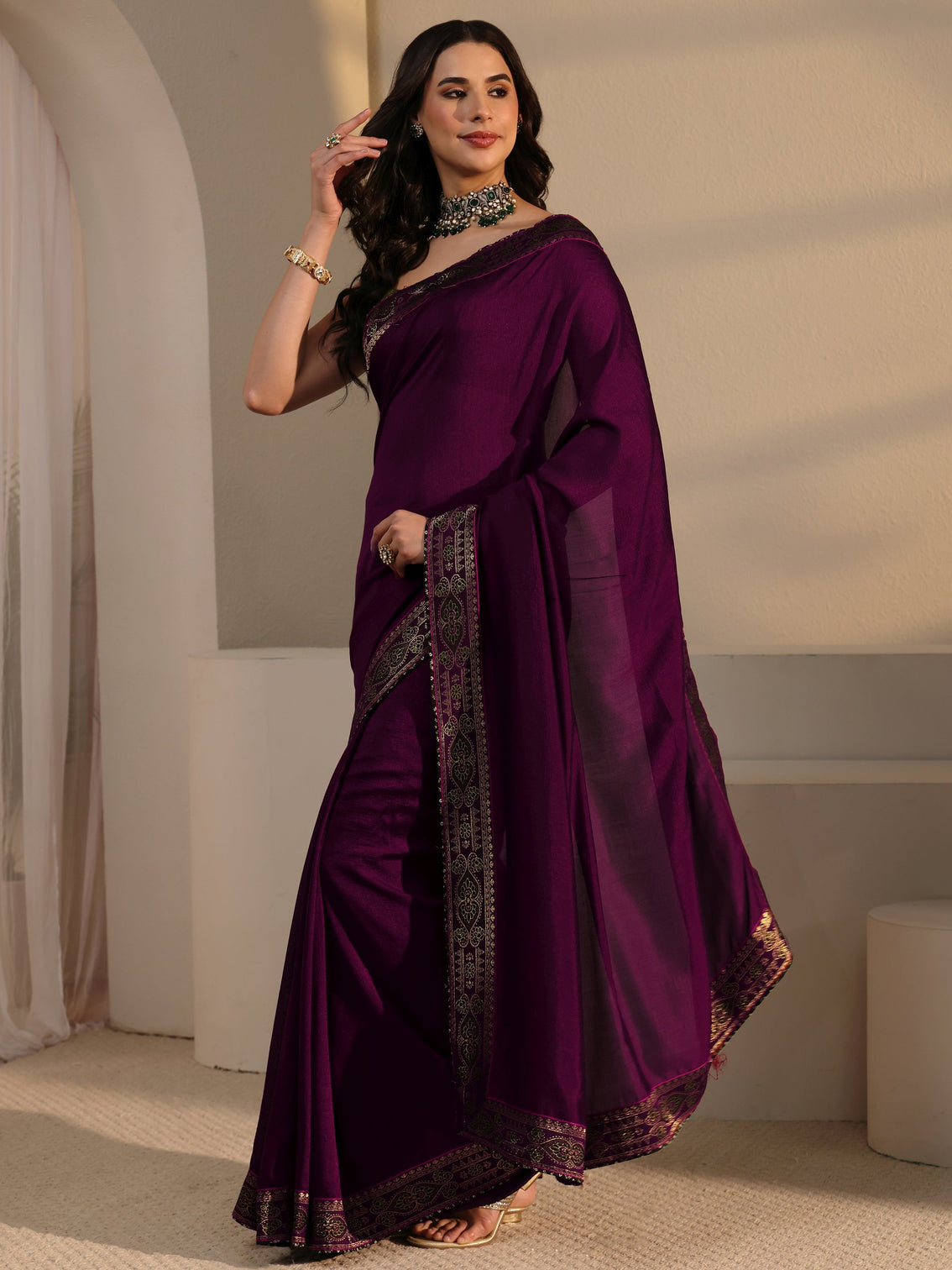 Mameraa Wine Silk Blend Saree with Woven Border