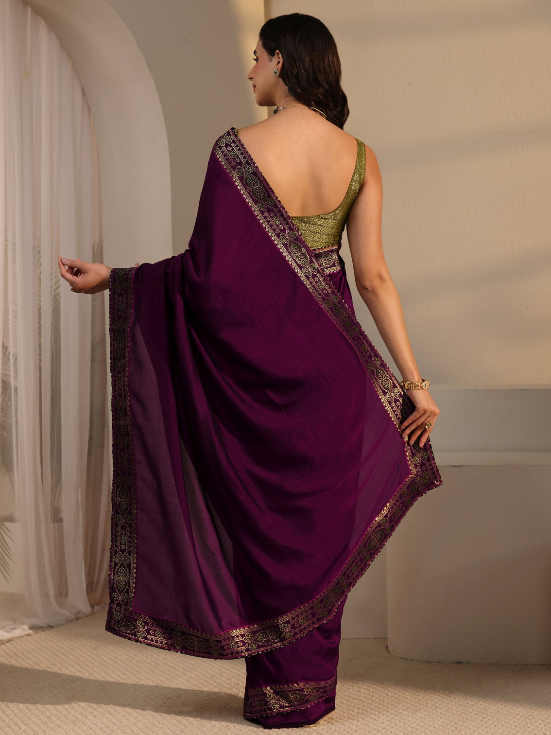 Mameraa Wine Silk Blend Saree with Woven Border