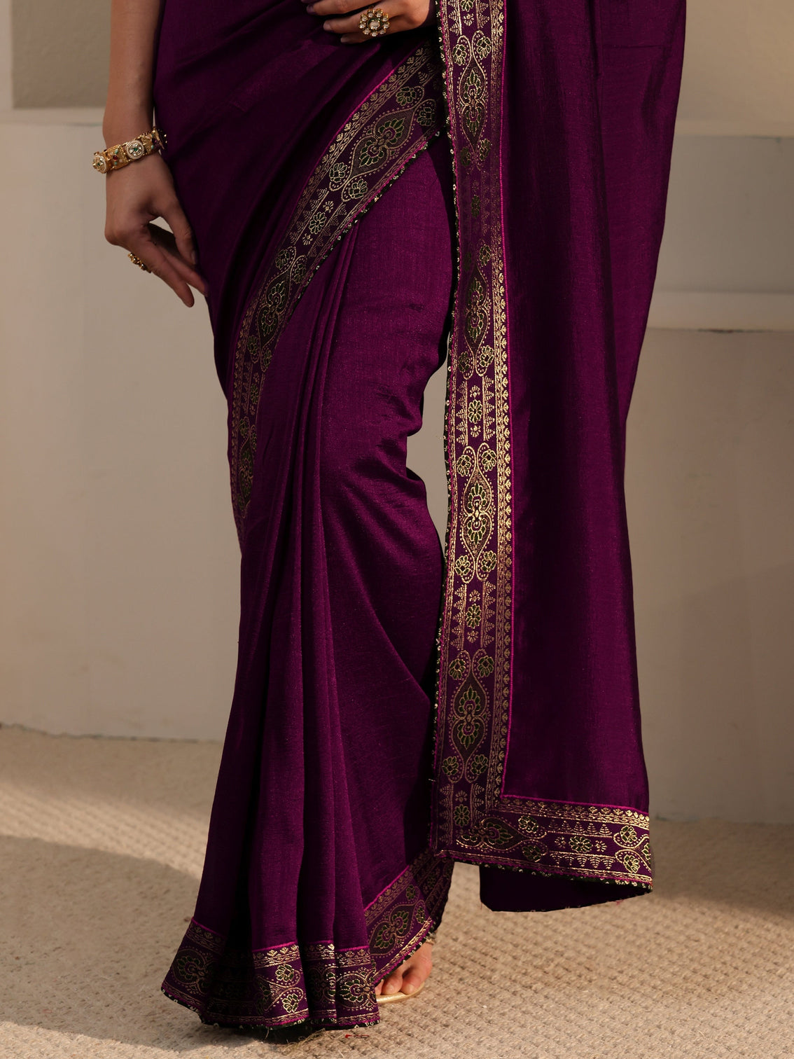 Mameraa Wine Silk Blend Saree with Woven Border