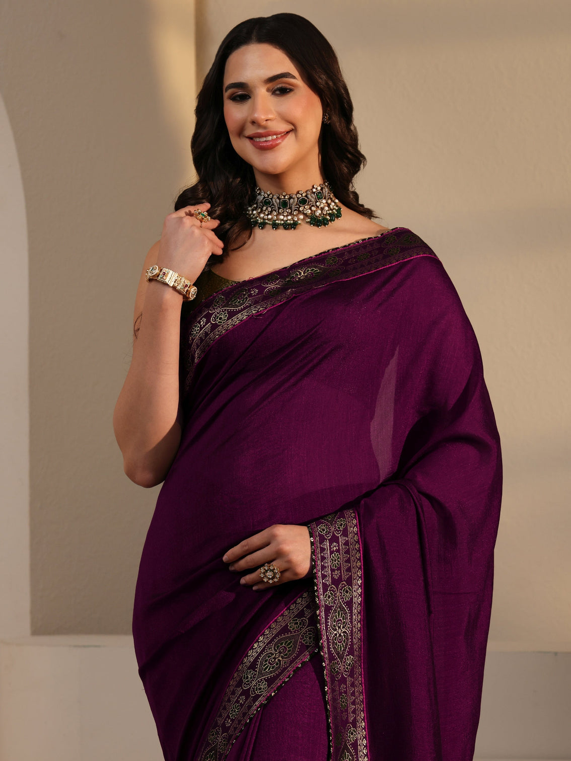 Mameraa Wine Silk Blend Saree with Woven Border