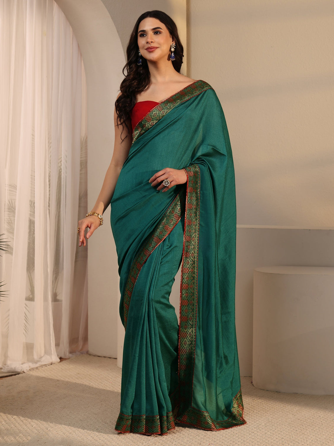Mameraa Peacock Green Woven Design Silk Blend Saree