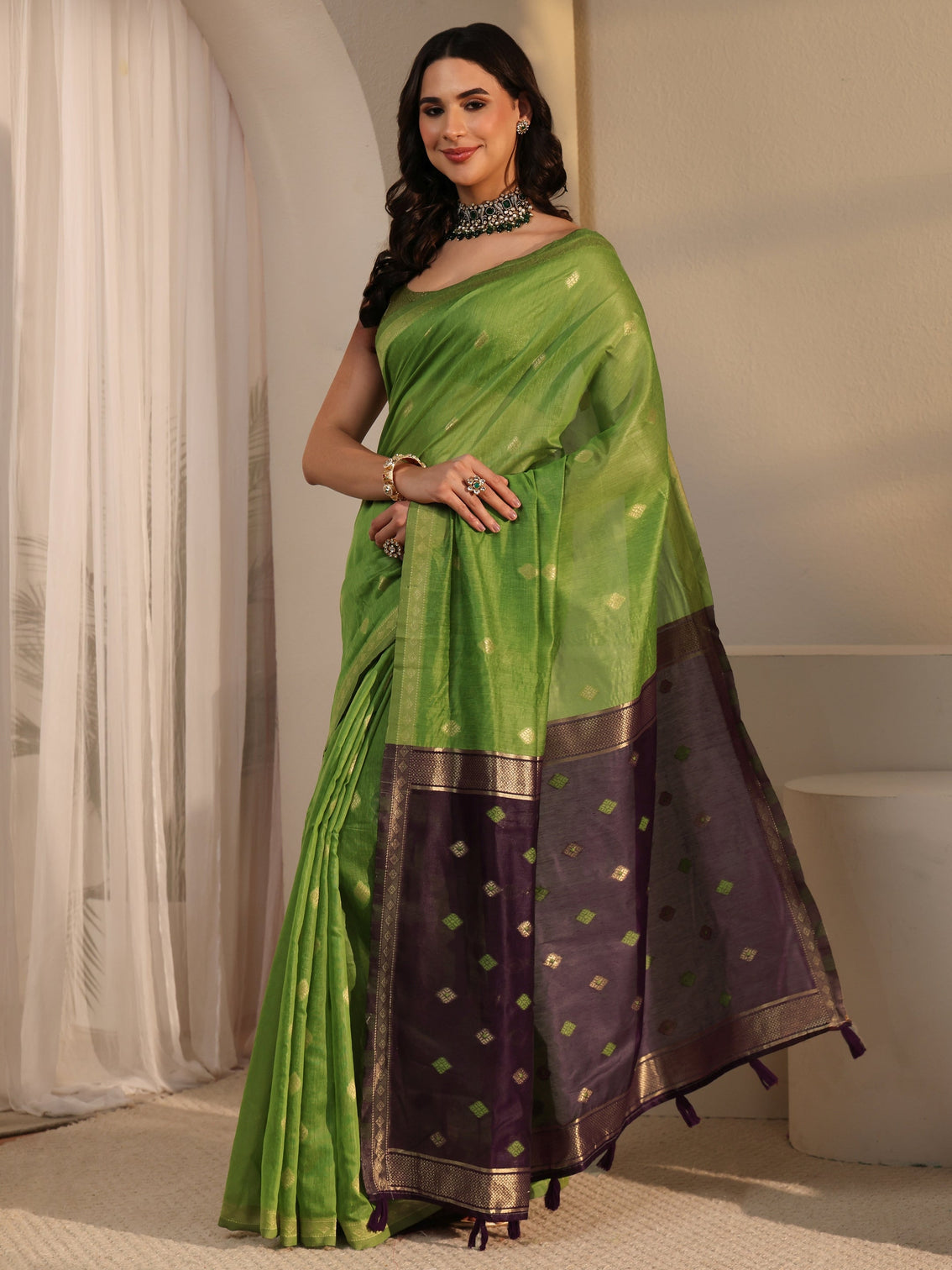 Mameraa Green Woven Design Silk Blend Tassel Saree