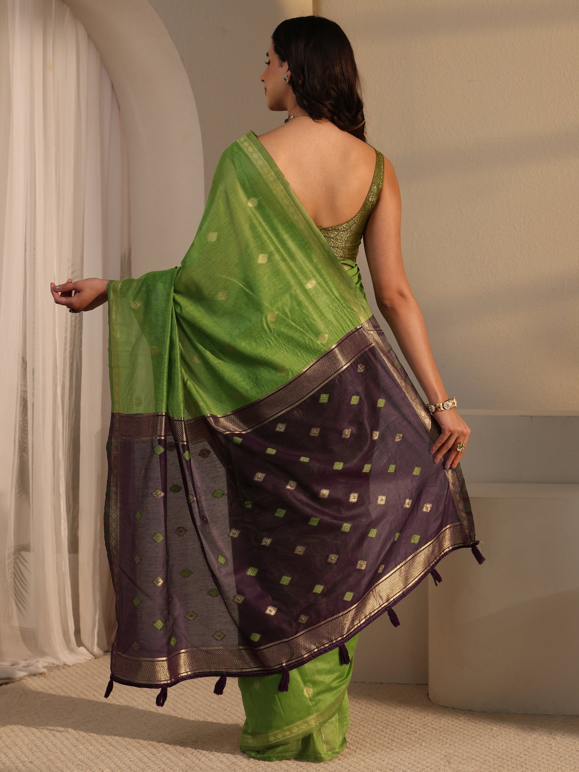 Mameraa Green Woven Design Silk Blend Tassel Saree