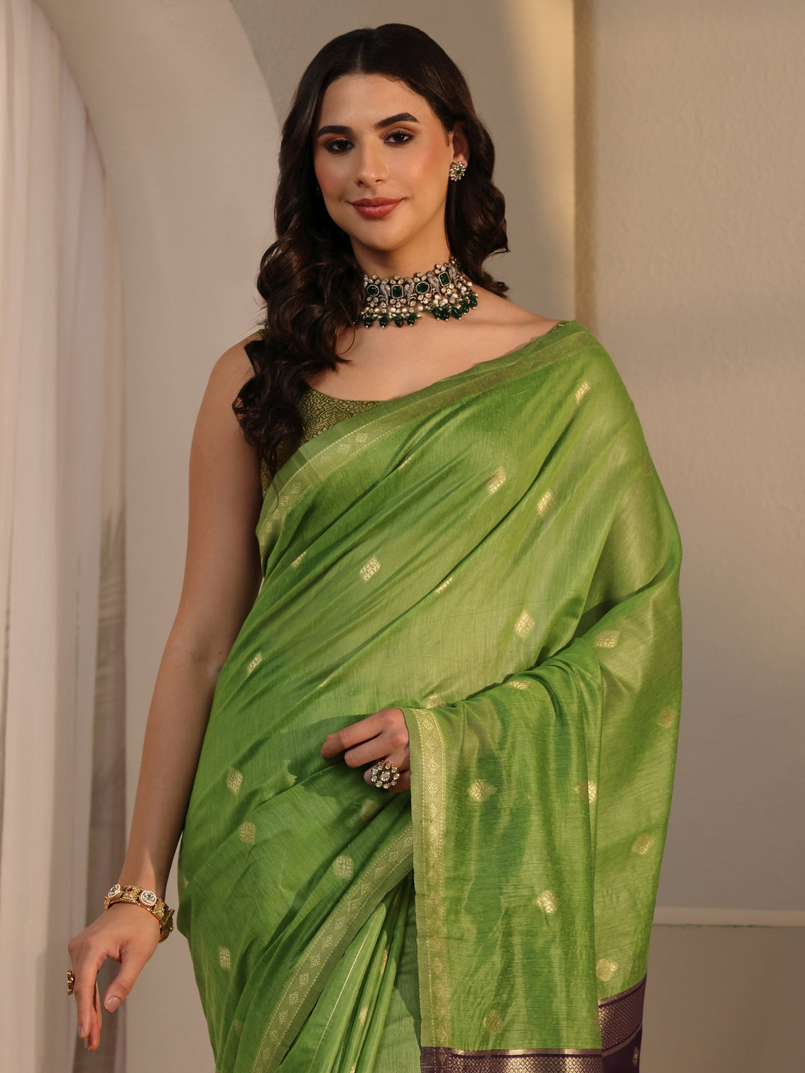 Mameraa Green Woven Design Silk Blend Tassel Saree