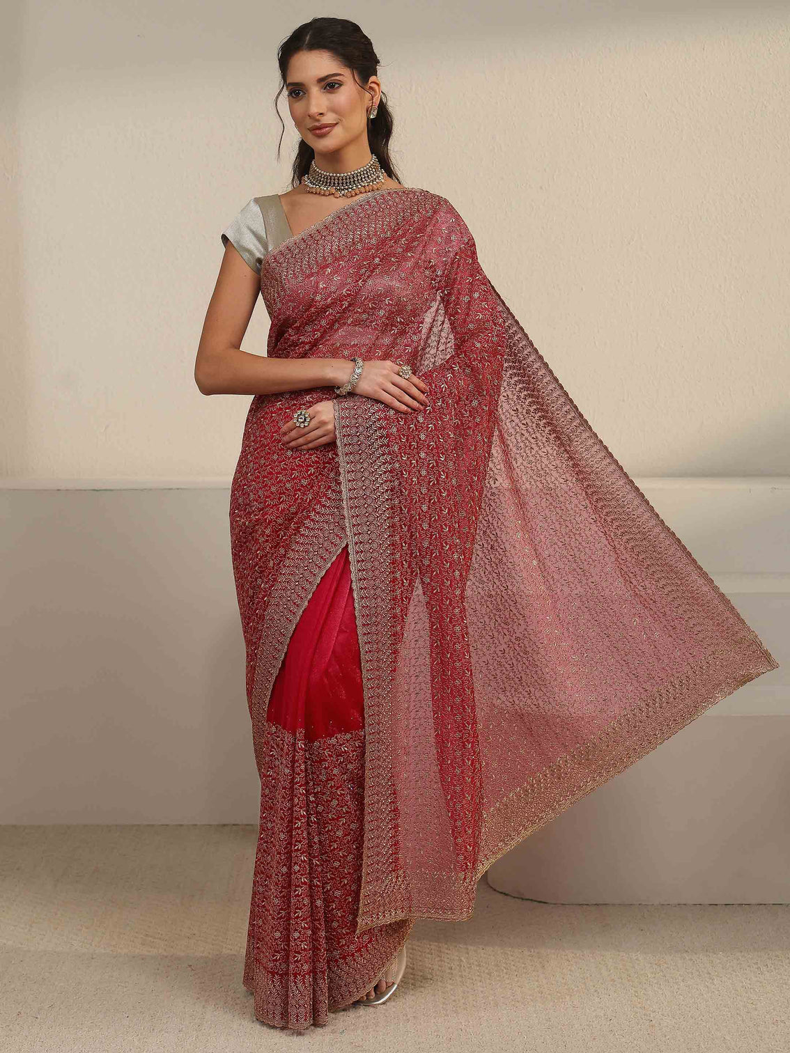 Mameraa Rani Pink Floral Embroidered Net Saree