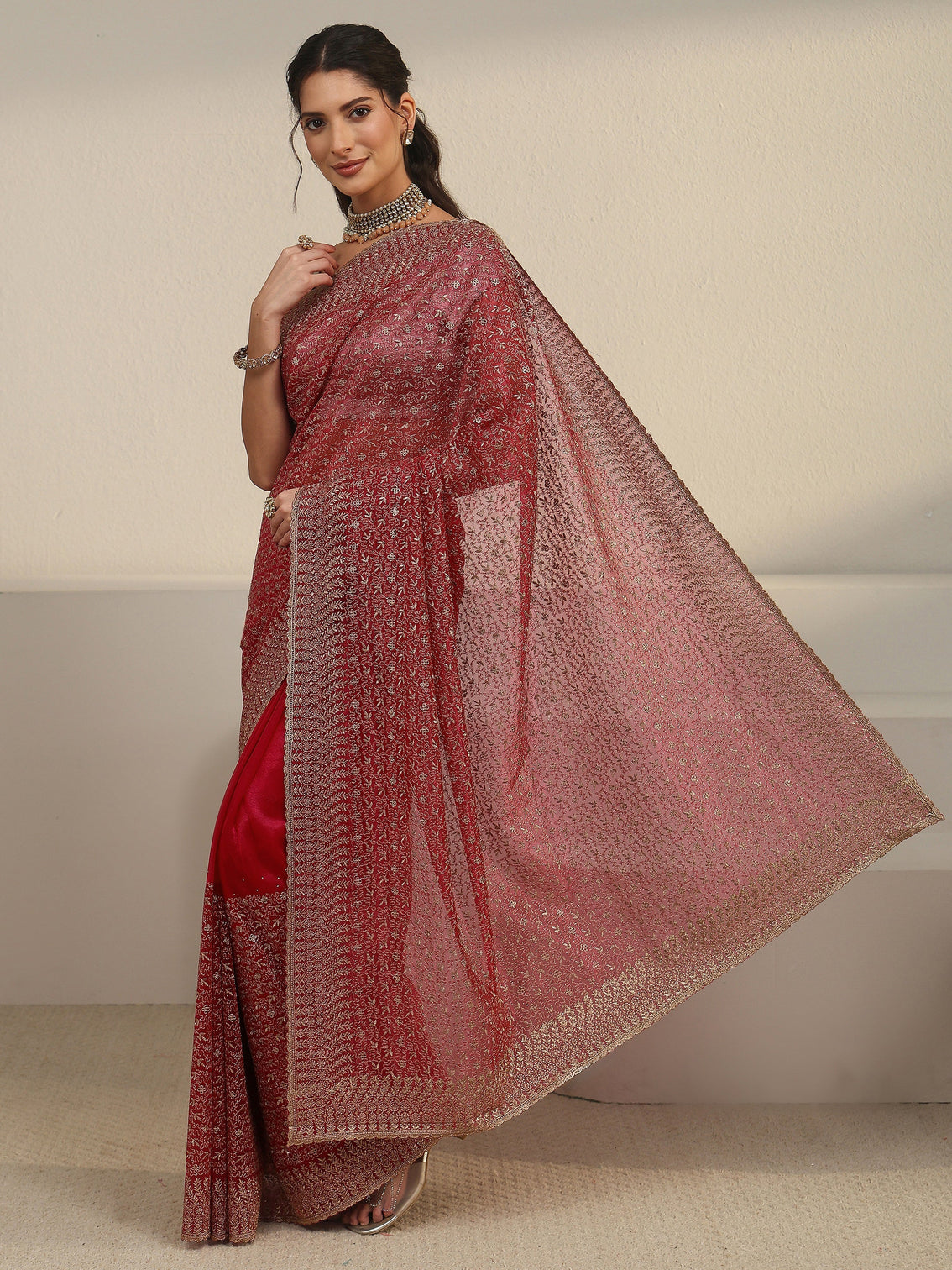 Mameraa Rani Pink Floral Embroidered Net Saree