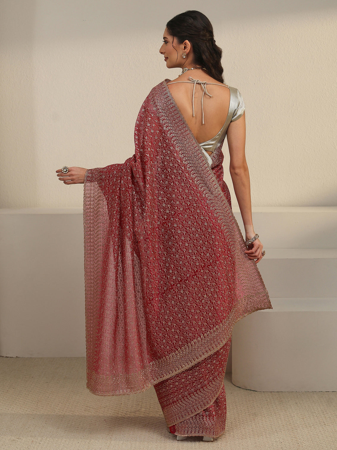 Mameraa Rani Pink Floral Embroidered Net Saree