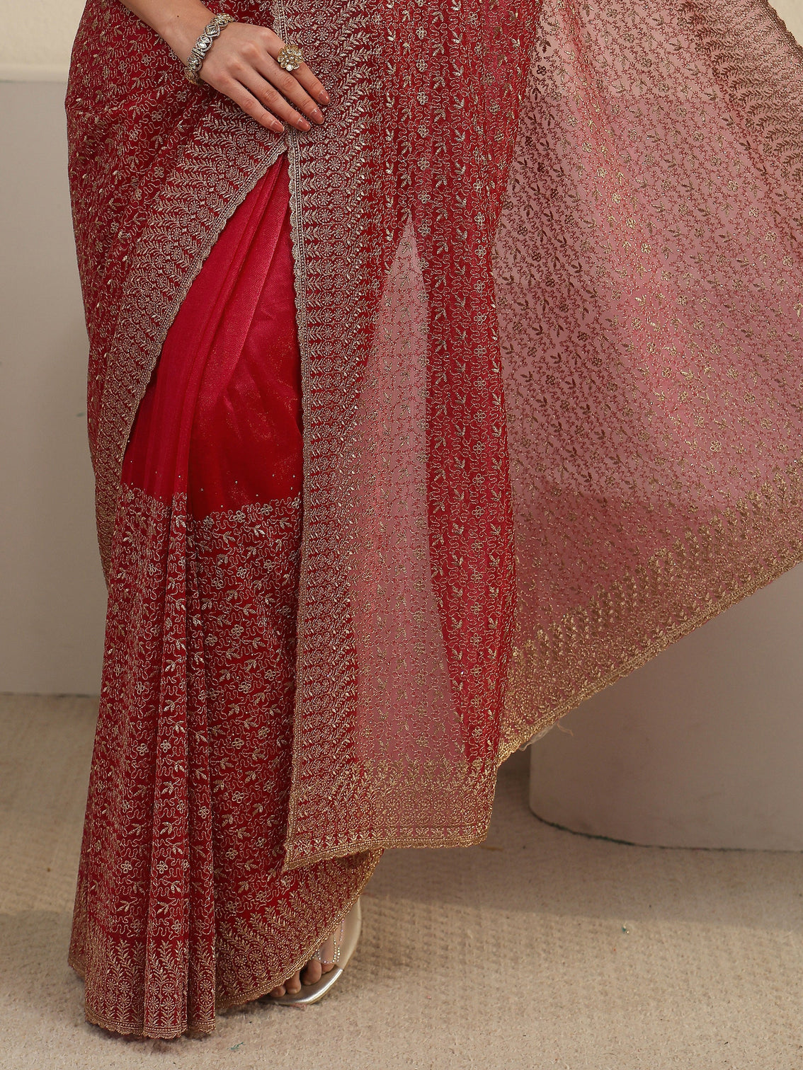 Mameraa Rani Pink Floral Embroidered Net Saree