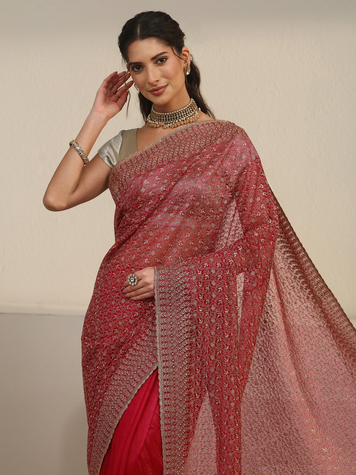 Mameraa Rani Pink Floral Embroidered Net Saree