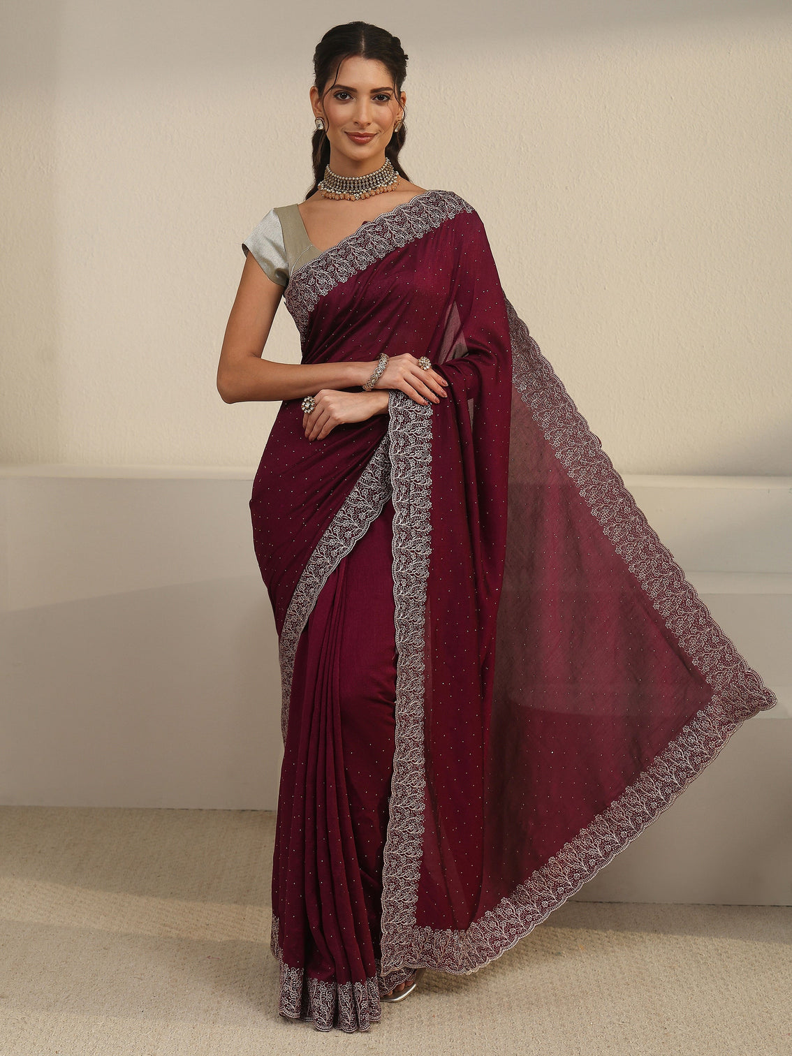 Mameraa Wine Stone Work Embellished Silk Blend Saree