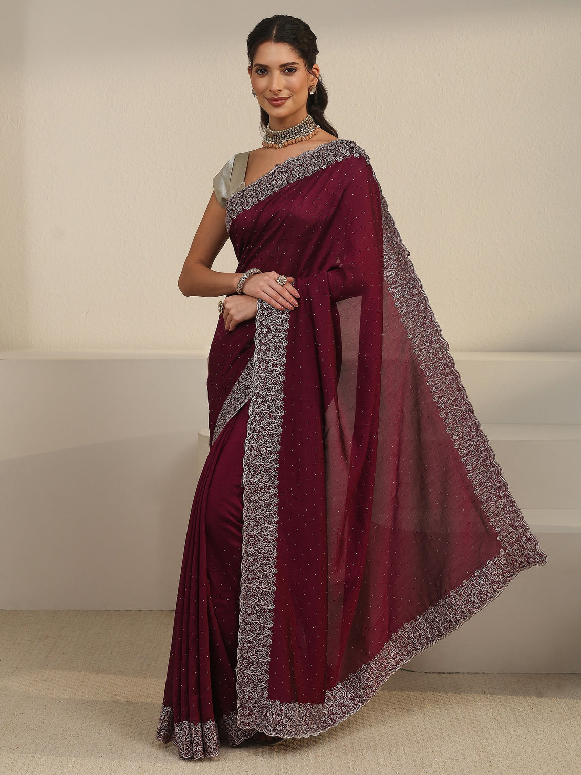 Mameraa Wine Stone Work Embellished Silk Blend Saree