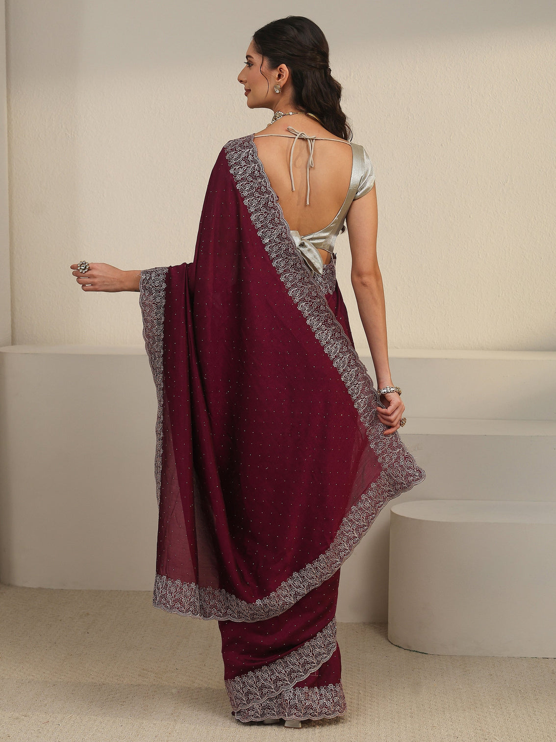 Mameraa Wine Stone Work Embellished Silk Blend Saree