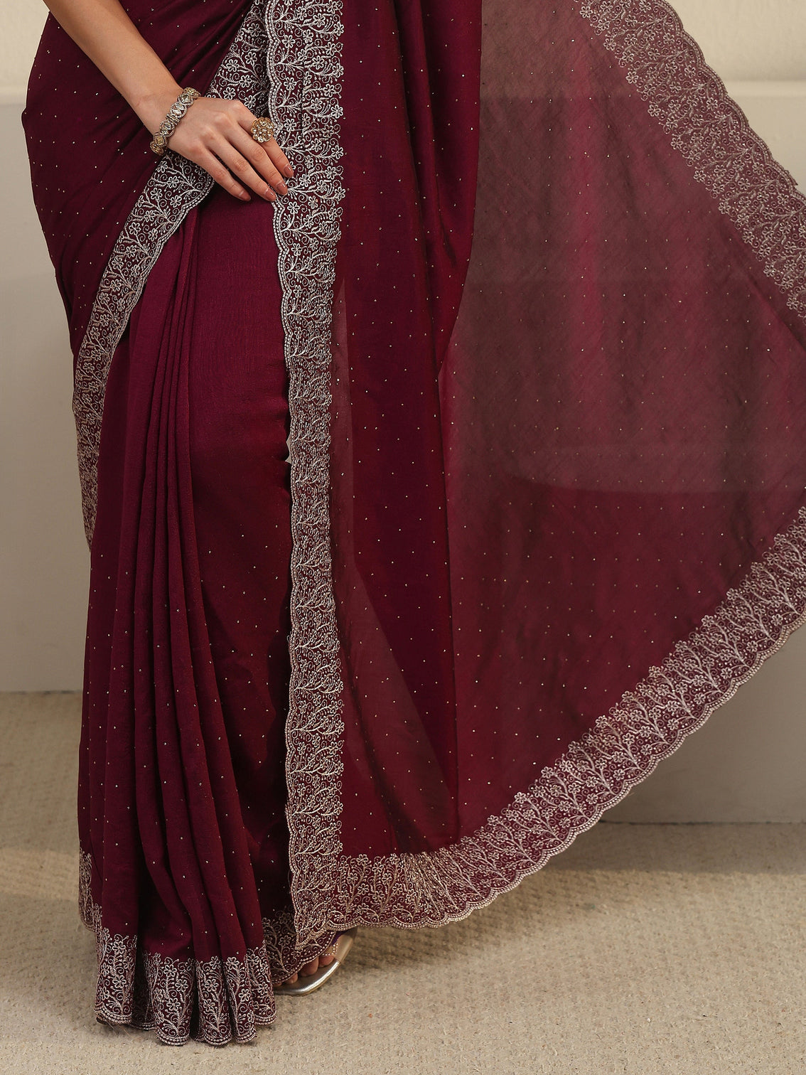 Mameraa Wine Stone Work Embellished Silk Blend Saree