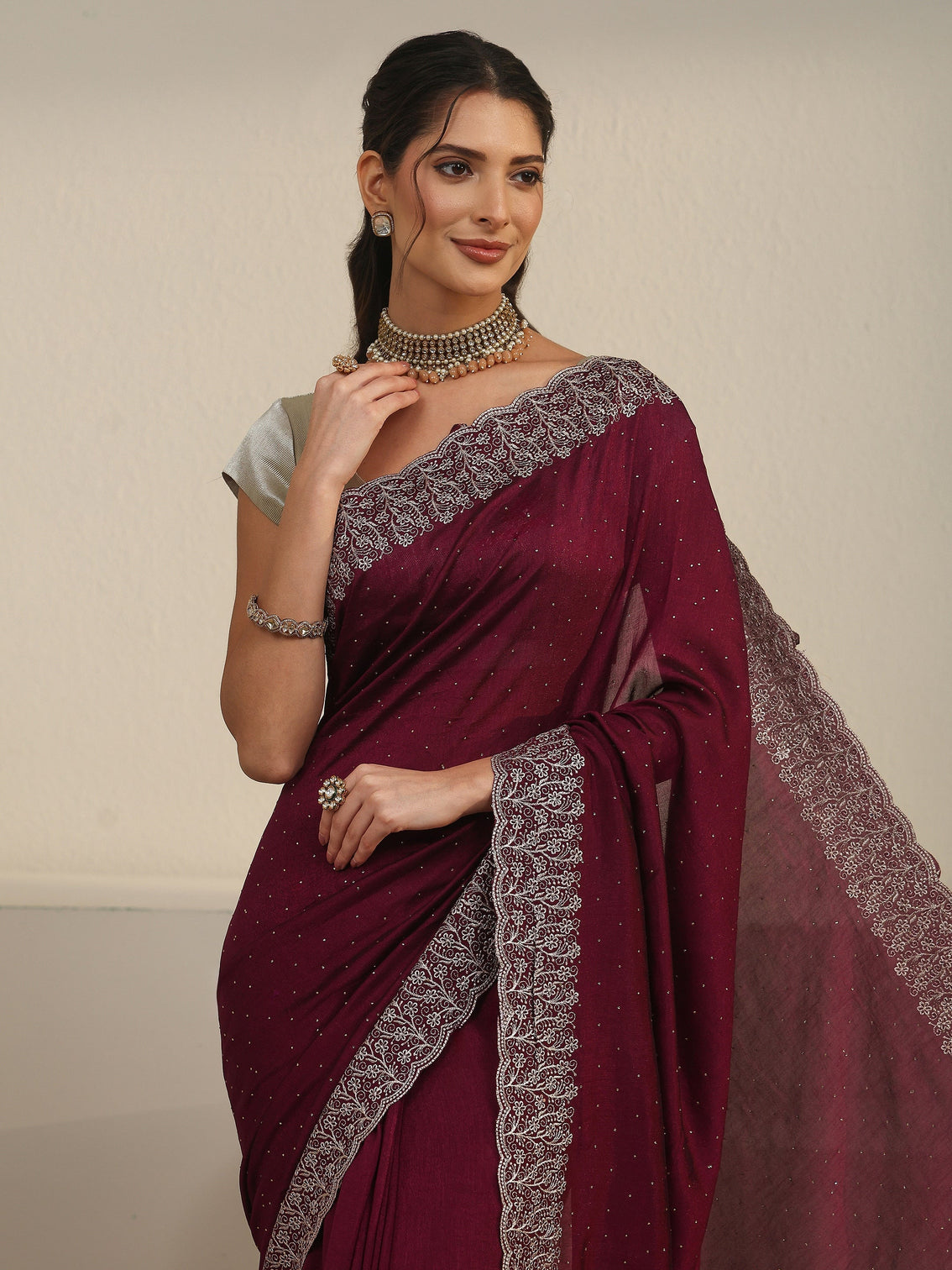 Mameraa Wine Stone Work Embellished Silk Blend Saree