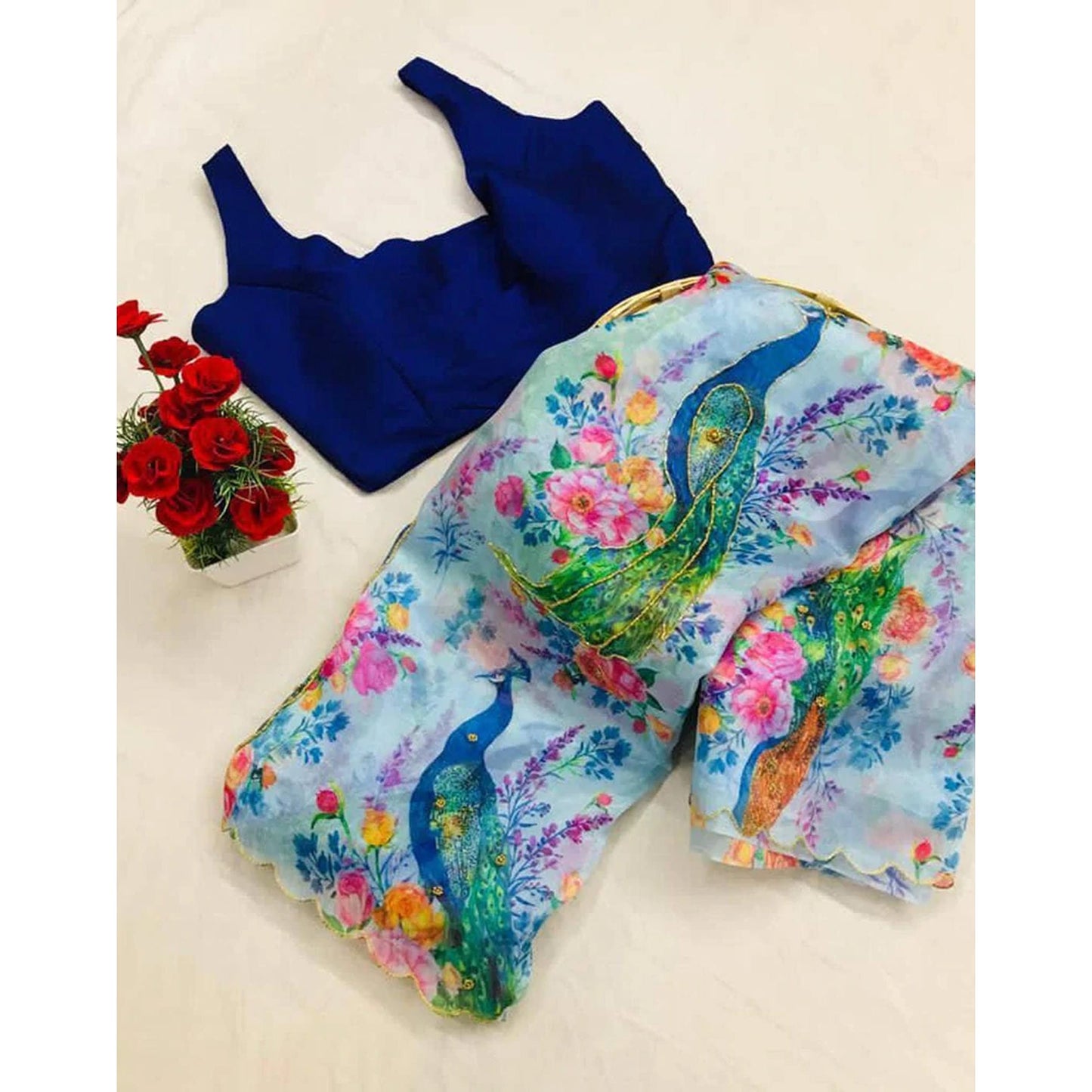 Organza Silk Digital Print Saree with Blouse for Wedding and Party