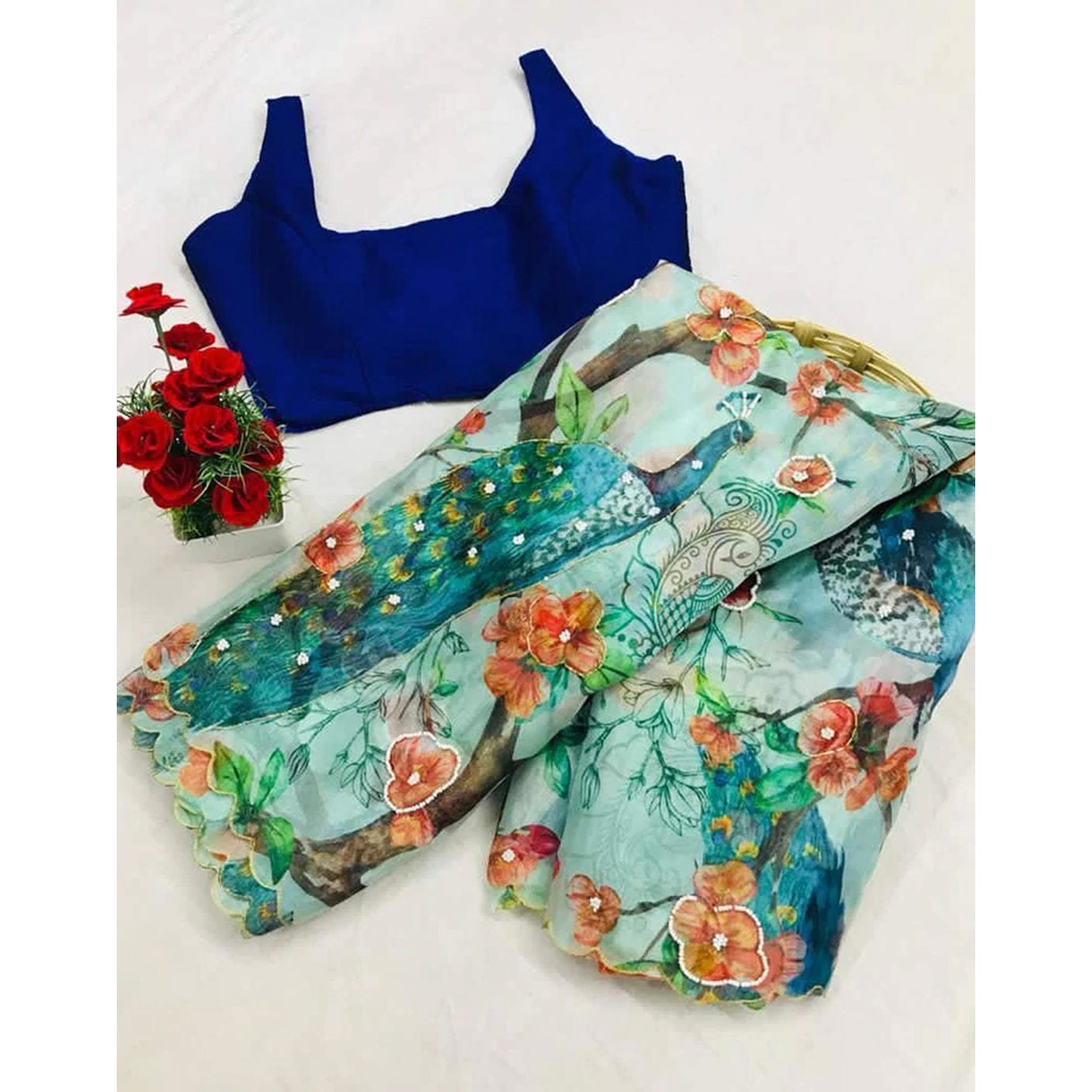Organza Silk Digital Print Saree with Blouse for Wedding and Party